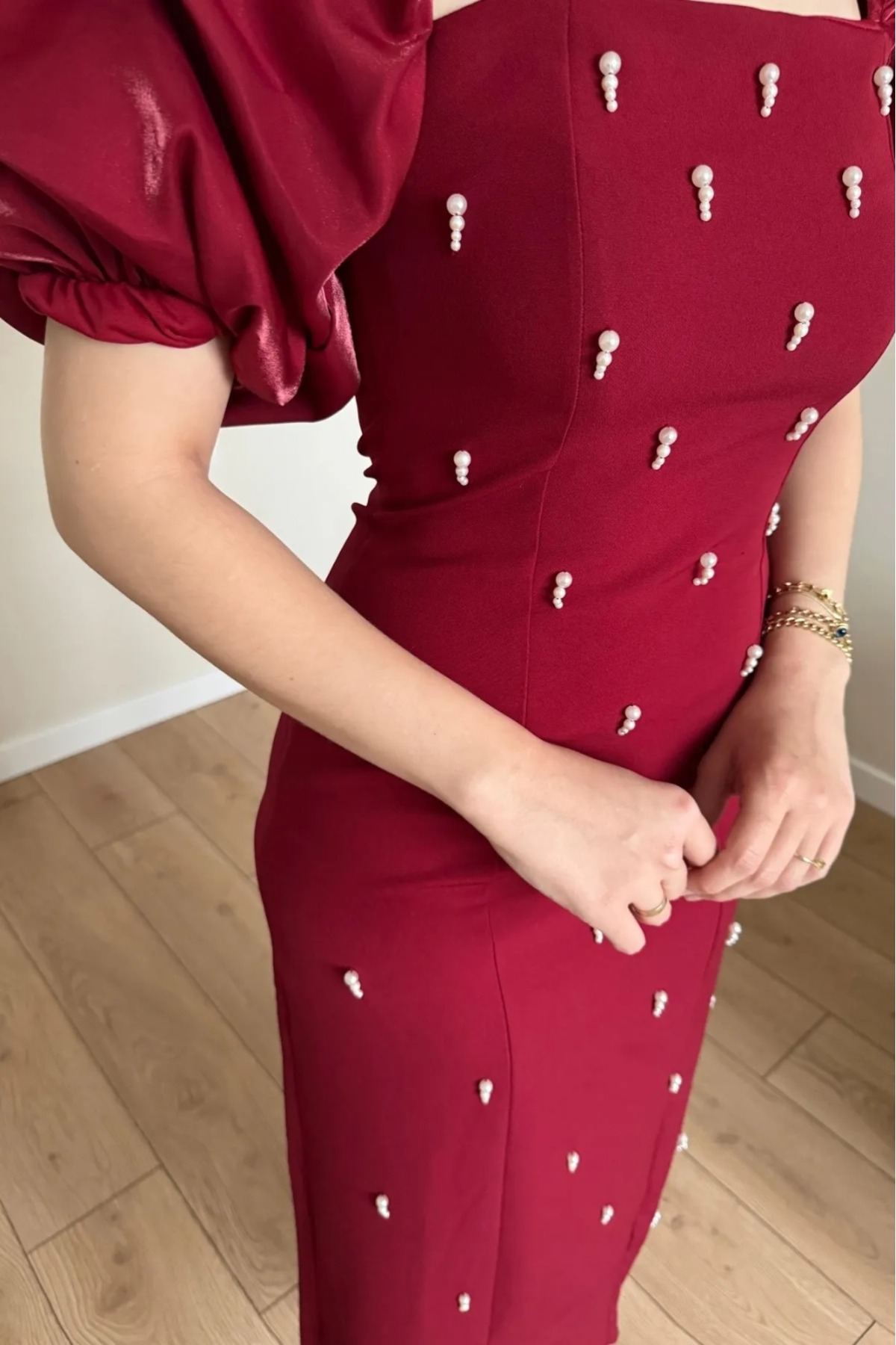 Afiş Butik  İnci İşlemeli Balon Kollu Uzun Gece Elbisesi - Görsel 5