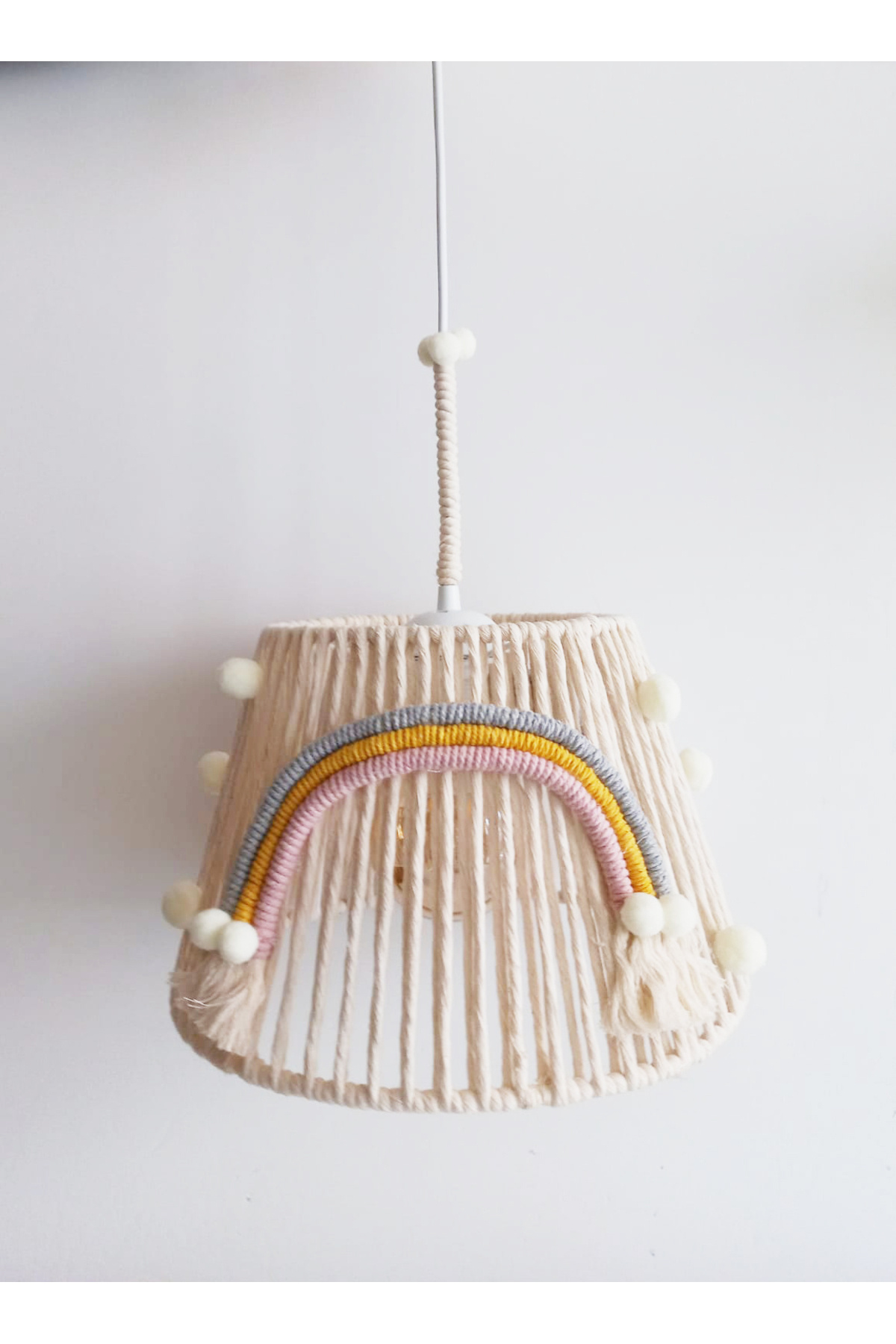 C&A&B KUZEY AVİZE-Ecru Macrame Rope Wrapped Rainbow Applique Ecru Pompom Baby and Children's Room Chandelier 6 2
