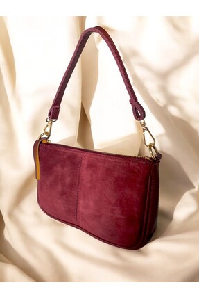 Velveteen Şık Bordo Süet Deri Omuz Çantası