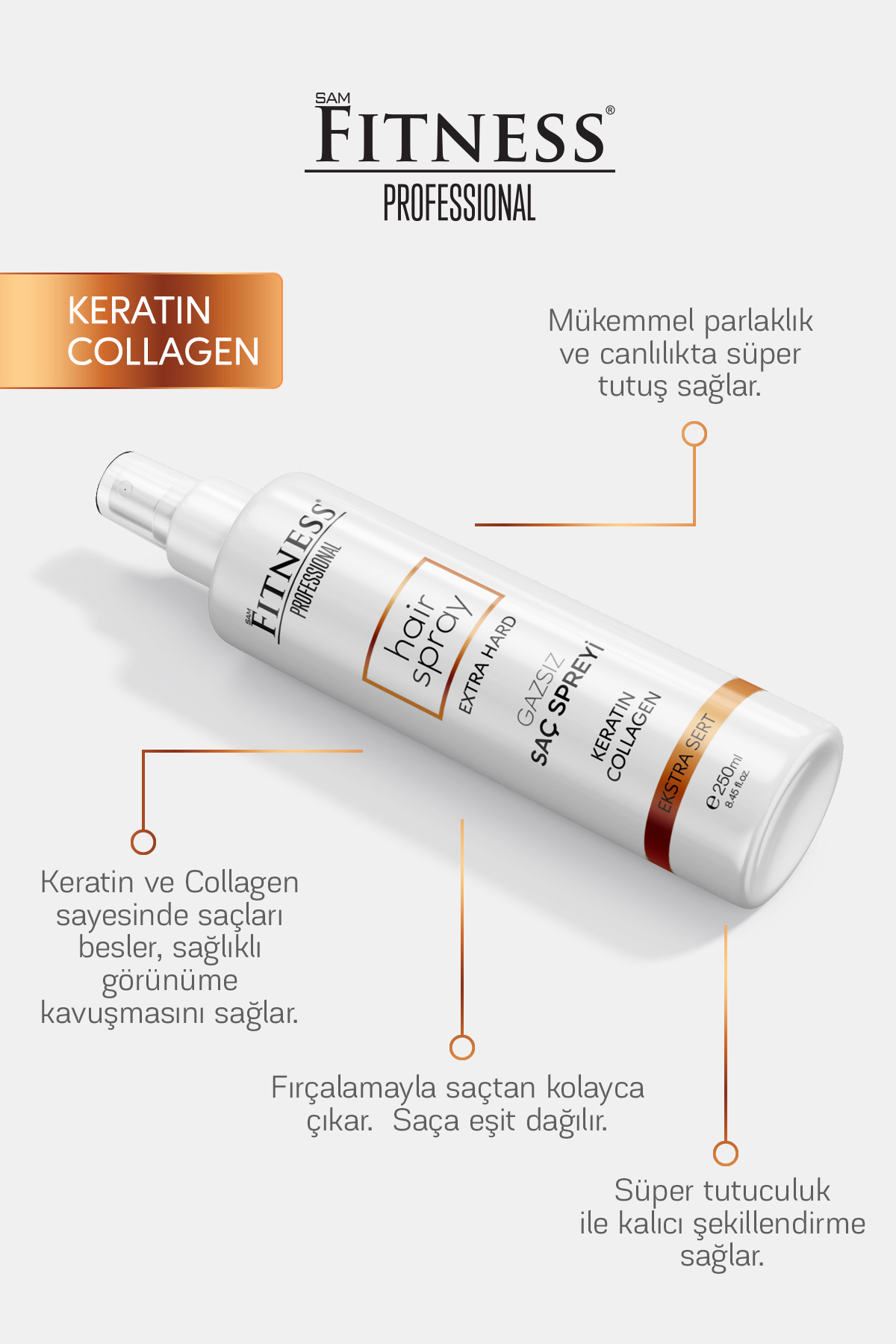 Gazsız Saç Spreyi Saç Şekillendirici Ekstra Sert Tutuş Biotin Collagen İçerikli 250 ml — FTNS03 — تصویر 2 از 4