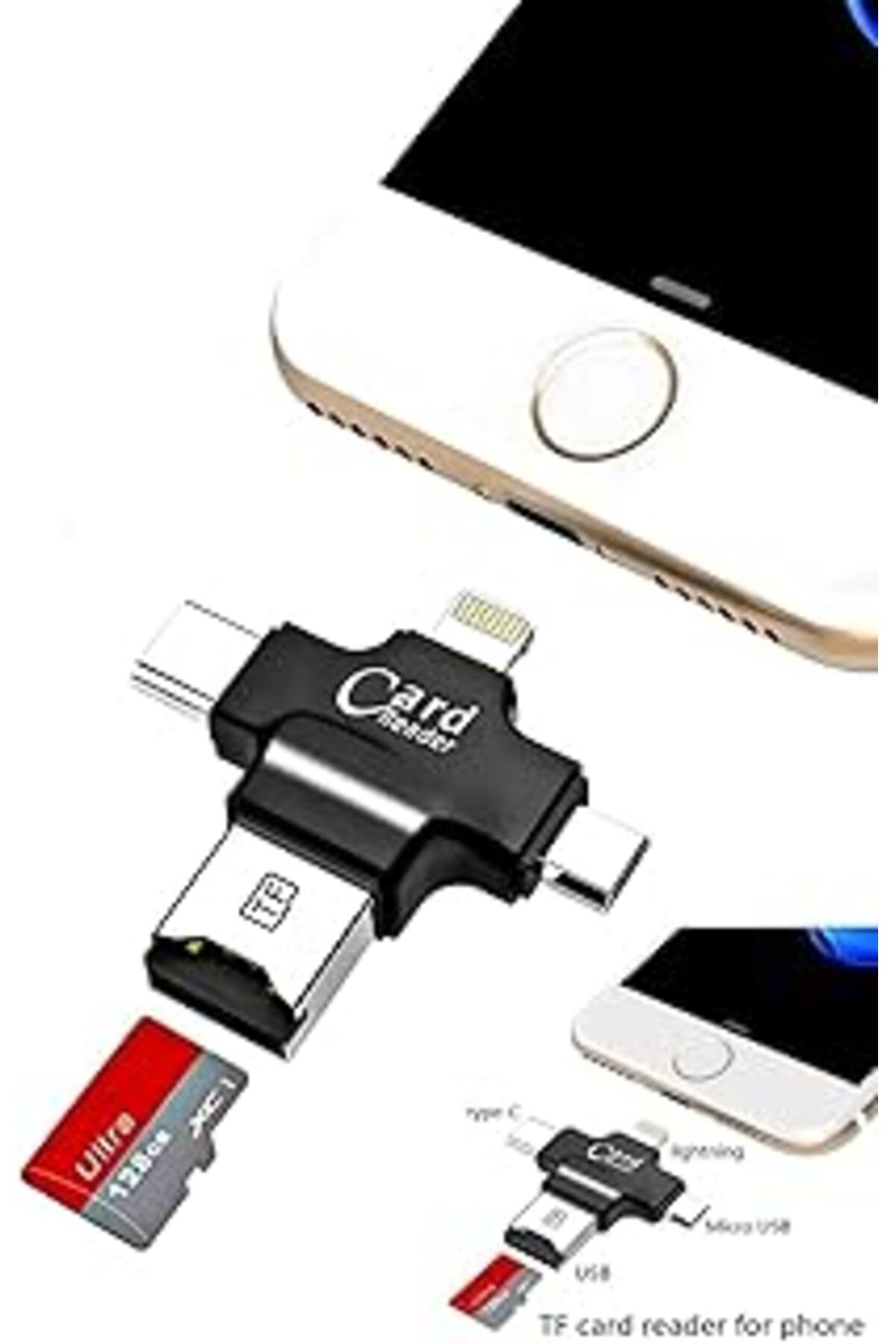 Mu Art Ahşap Kyrotech Dragon Kart Okuyucu, Portatif 4'Ü 1 Arada Sd Kart Okuyucu - Mikro Usb, Type C, Iphone, Lig