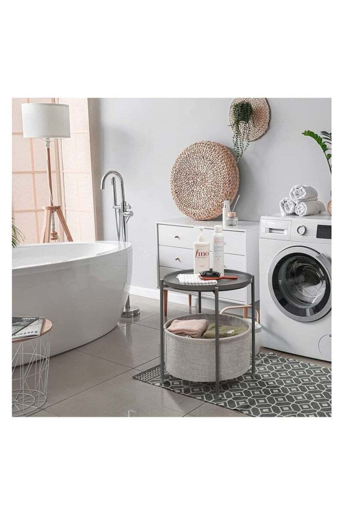 COOYA-2-Tier Round Sofa End Table, Round Side Table with Fabric Cloth Storage Basket, Nightstand 3