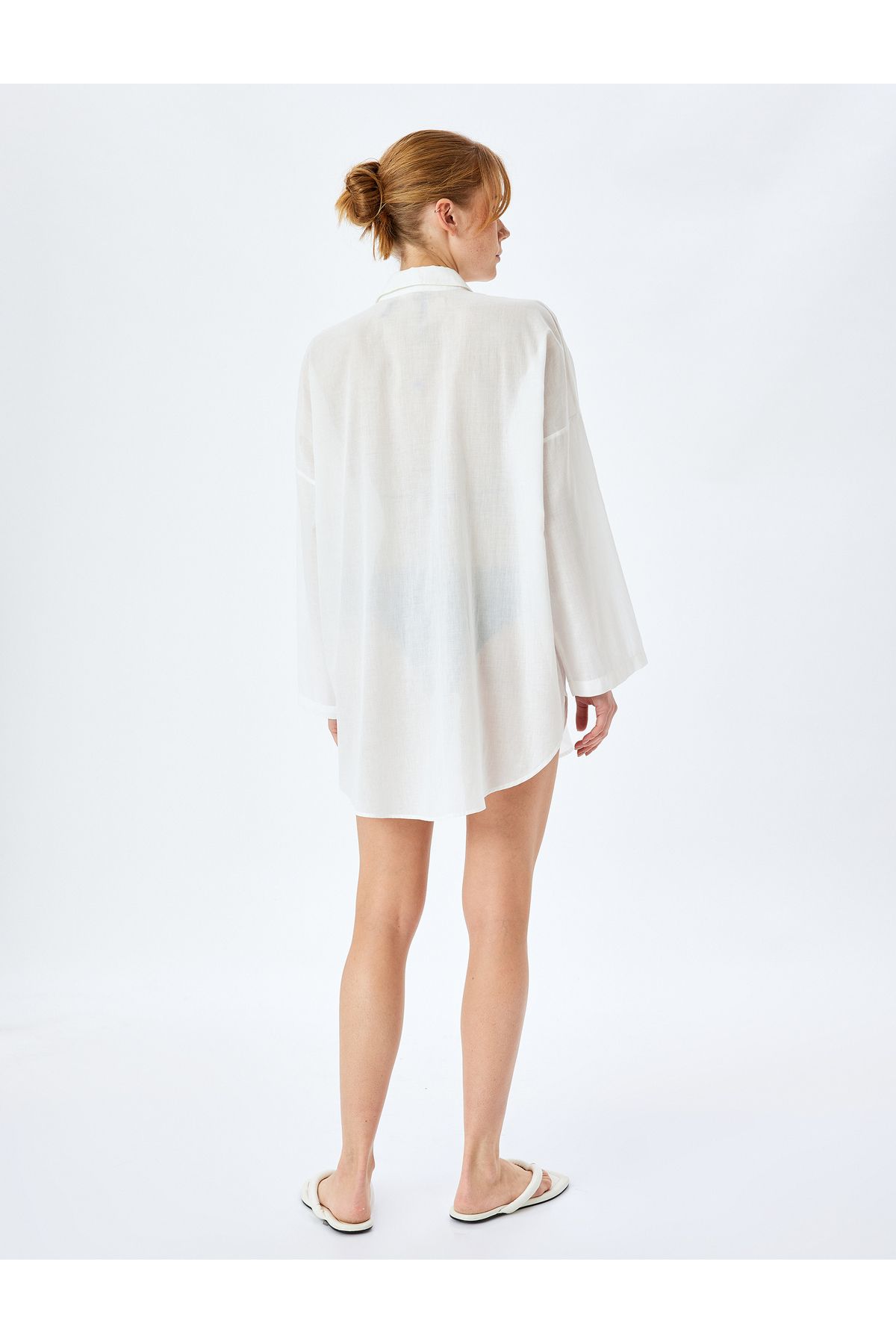 Koton-Cotton Button Long Sleeve Shirt Neck Beach Dress 6
