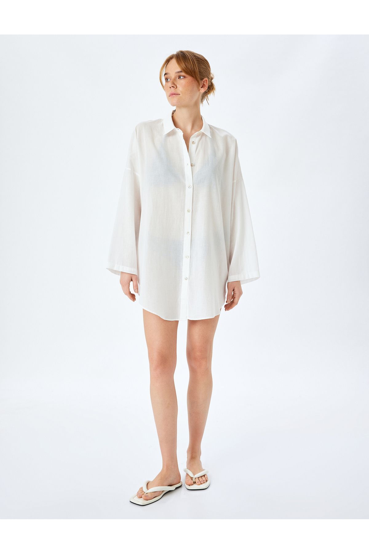 Koton-Cotton Button Long Sleeve Shirt Neck Beach Dress 5