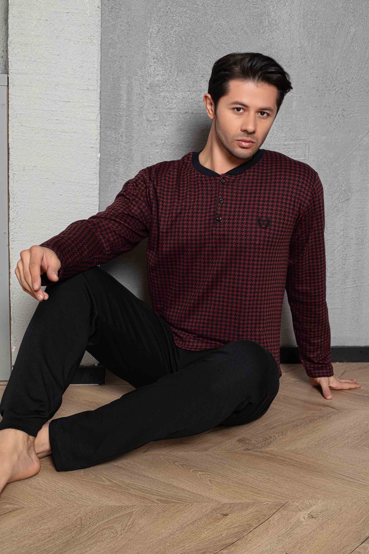 Tarık-Men's 100% Cotton Interlock Claret Red Black Houndstooth Patterned Long Sleeve Half Button Pajama Set 4