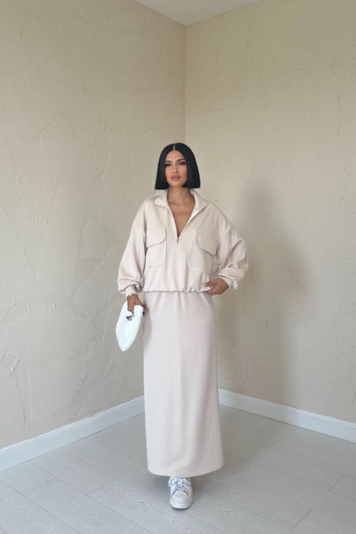 velmorafashion Bej Biyeli Sweatshirt Ve Etek Takım