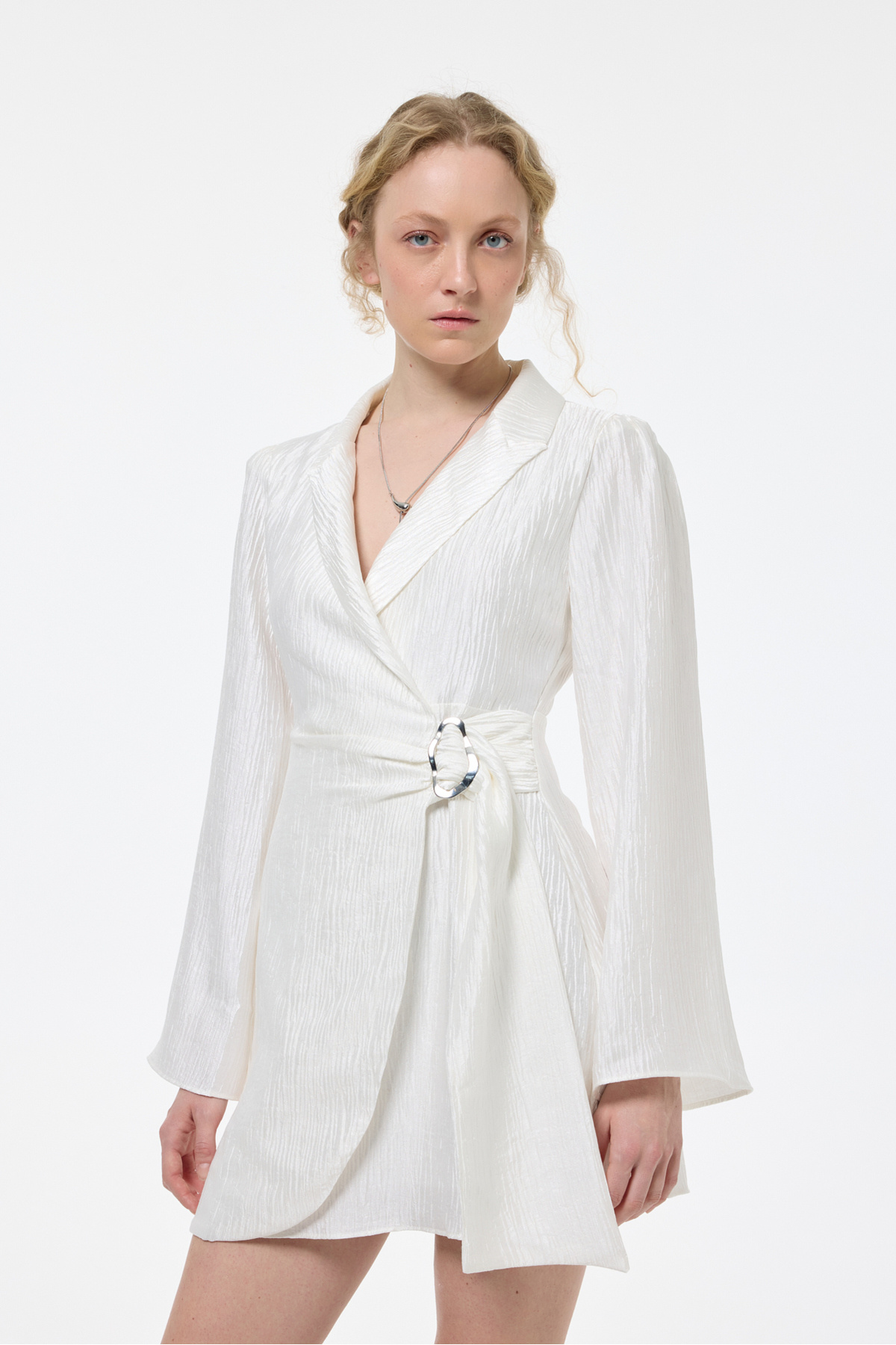 Quzu-Mini Dress Tie-Up Textured Ecru Double Breasted 4