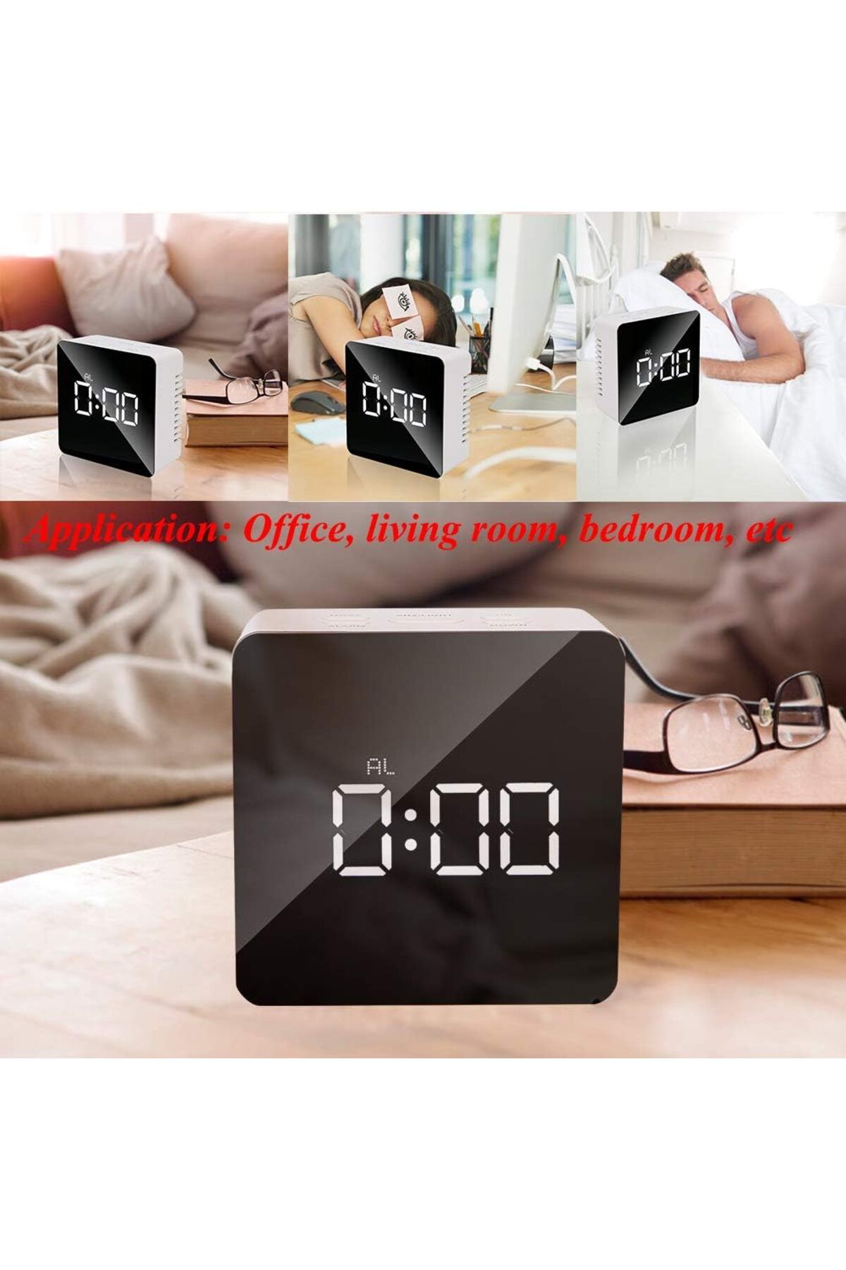 COOYA-LED Square Mirror Desktop Alarm Clock,Five Function Buttons,12H/24H,With Time Temperature,White 3