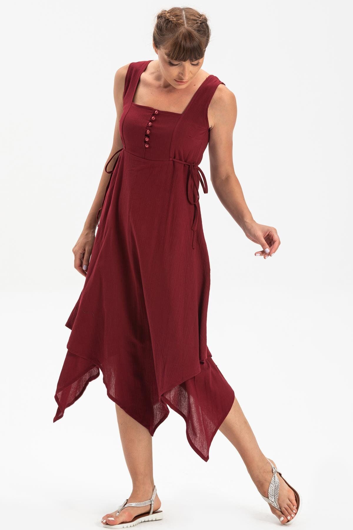 پیراهن قرمز زنانه لباس بدون آستین شیله پارچه مثلثی لایه میدی Claret Red Brd Eliş Şile Bezi