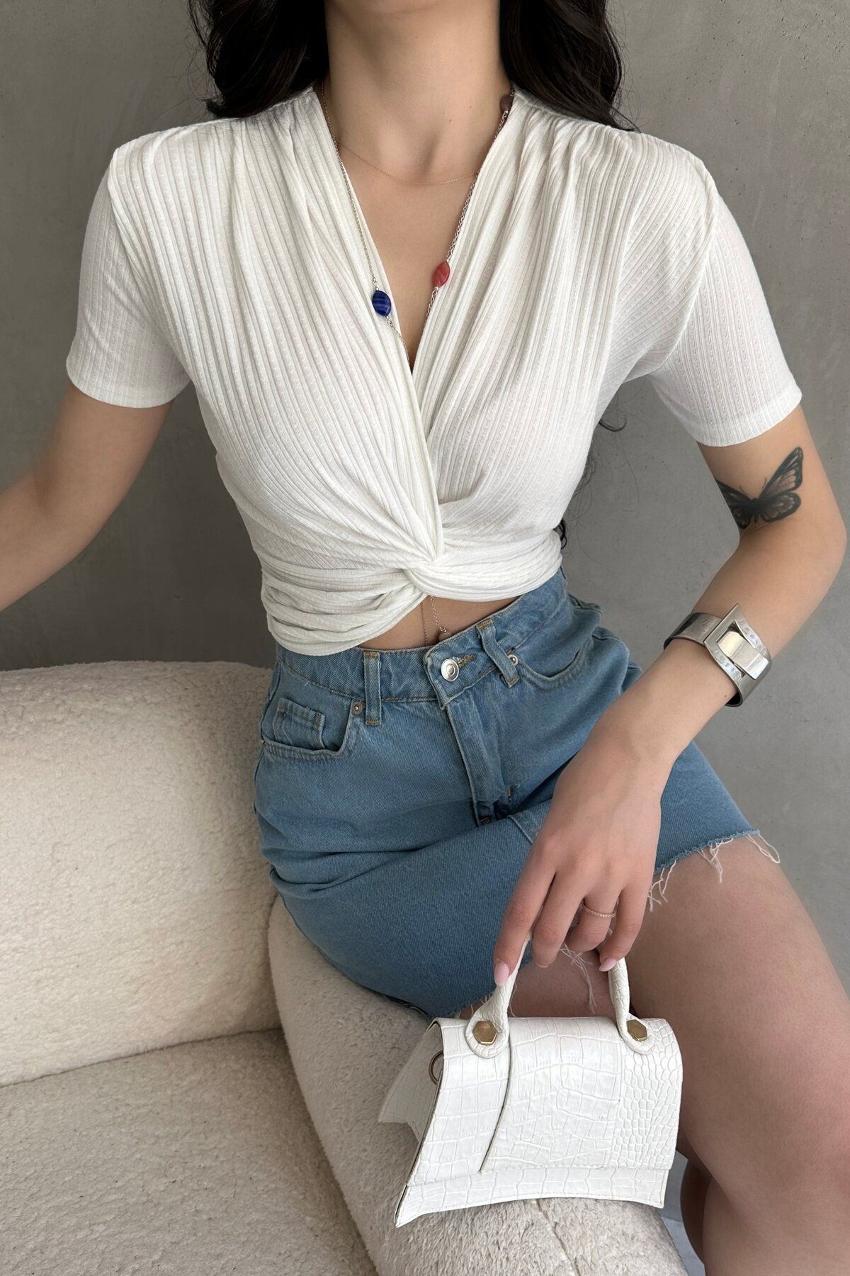 OEM Kruvaze Yaka Crop Bluz