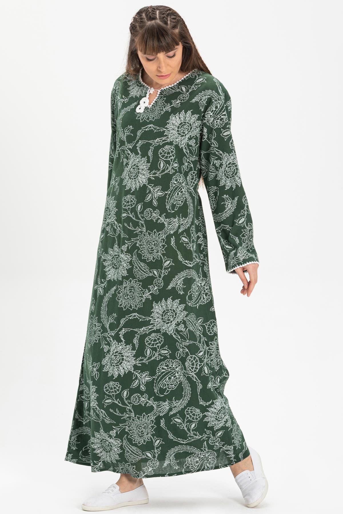 Eliş Şile Bezi-Mânecă lungă Plus Size Sile Stofa imprimată Rochie de vara lungă Sycamore Pattern Verde Ysl 5