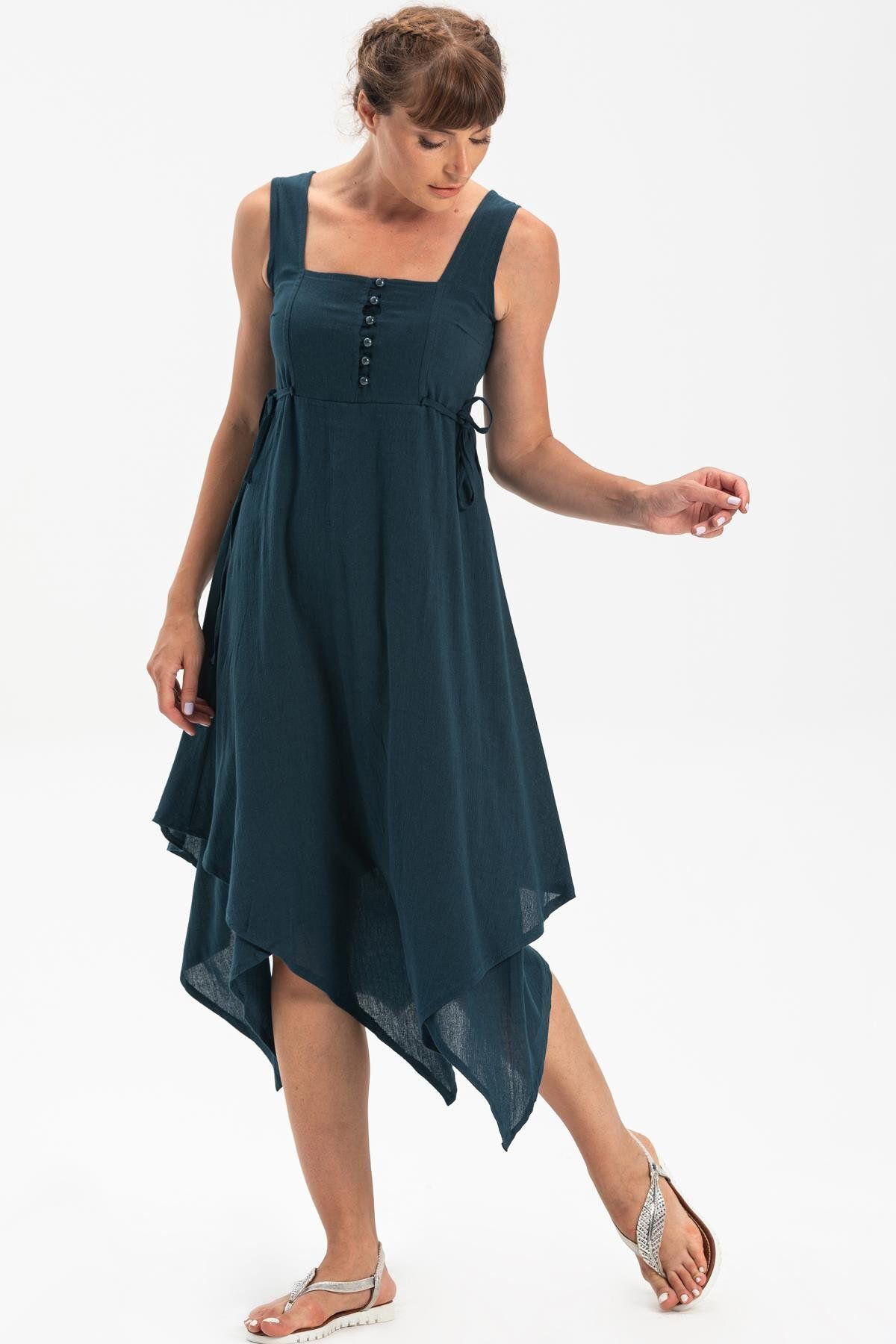 Eliş Şile Bezi-Sleeveless Şile Cloth Triangle Layer Midi Length Summer Dress Petrol Ptrl 5