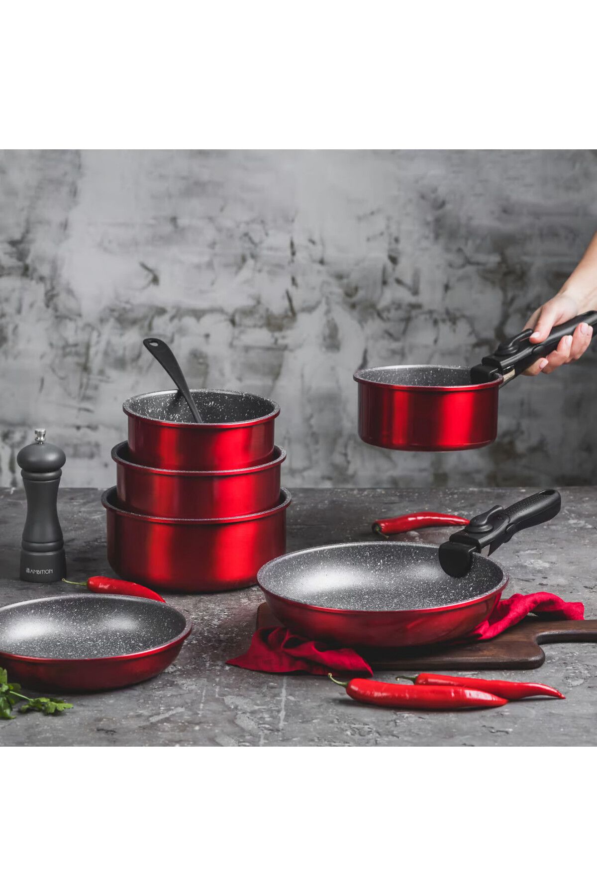 Ambition-Pot set with removable handle, 4 pieces, Qualum Basic Stone Edition coating, Jasper 3