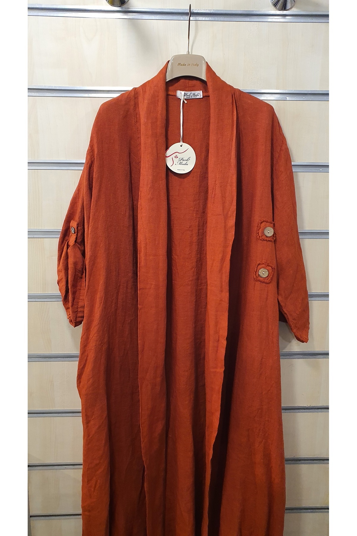 Park Moda-Long Italian Linen Jacket with Solid Pattern Button Detail 2