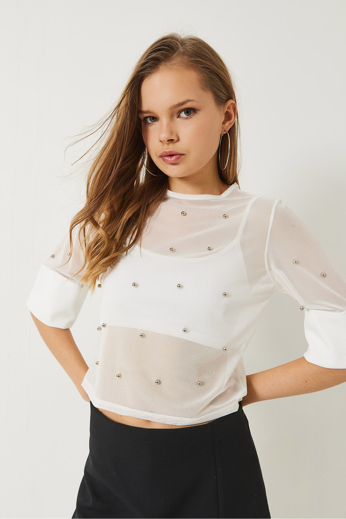 Bianco Lucci-Women's Stone Printed Short Sleeve Crew Neck Transparent Blouse 60284020 3