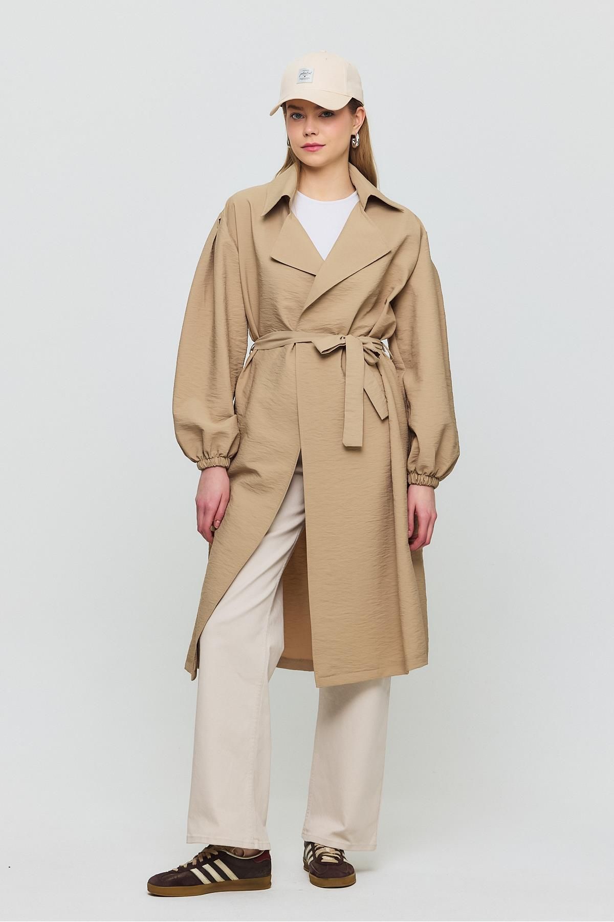 Rays-Belted Sleeve Elastic Trench Coat with Mink 4579A Model 7