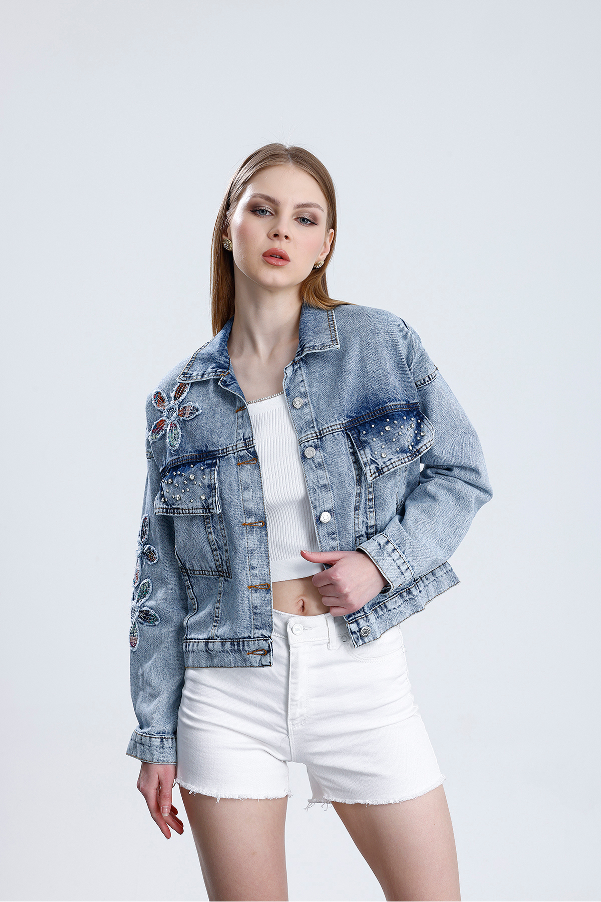 For Angels  Nakışlı Taş Aksesuarlı Cepli Denim Ceket - Görsel 4