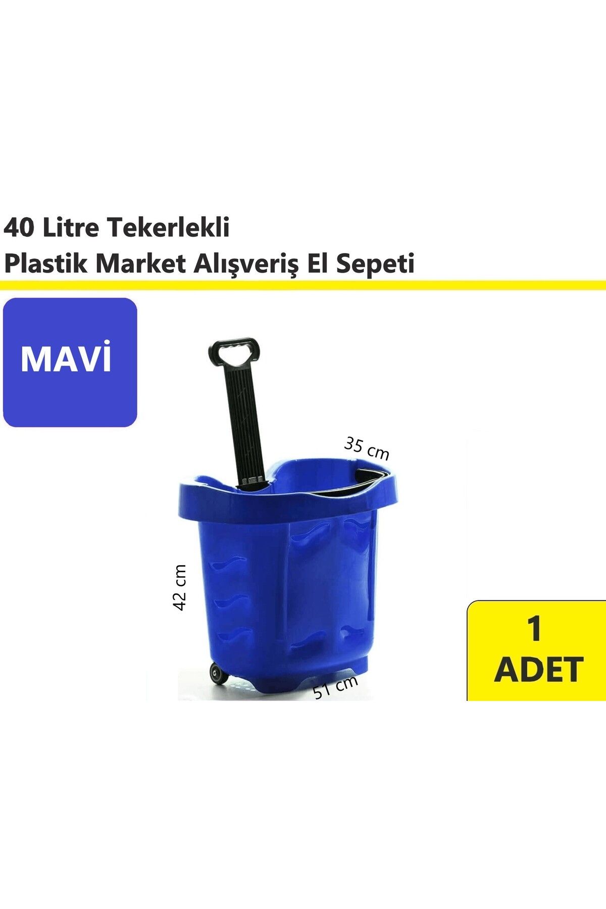 akdenizpos Tekerlekli Plastik Market Alışveriş El Sepeti 40 Litre Mavi