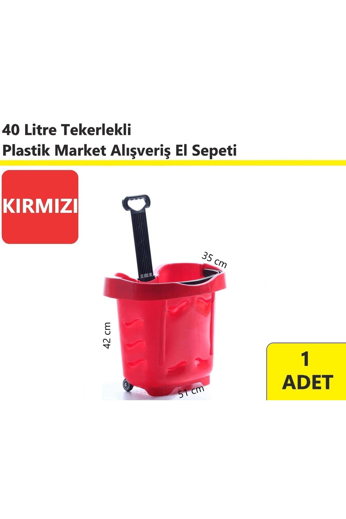 akdenizpos Tekerlekli Plastik Market Alışveriş El Sepeti 40 Litre Kırmızı
