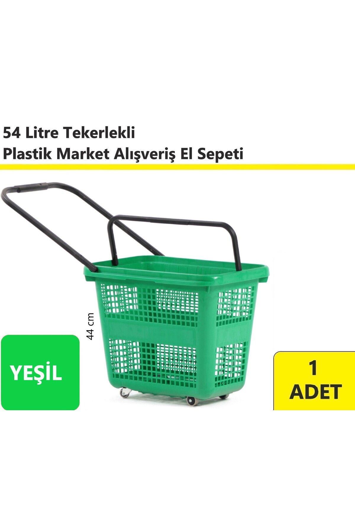 akdenizpos Tekerlekli Plastik Market Alışveriş El Sepeti 54 Litre Yeşil