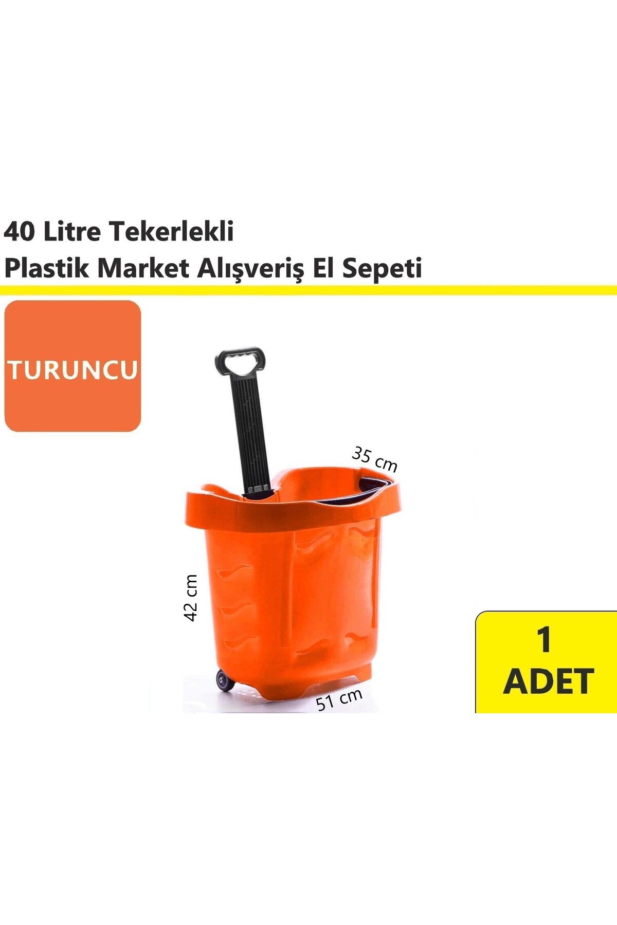 akdenizpos Tekerlekli Plastik Market Alışveriş El Sepeti 40 Litre Turuncu
