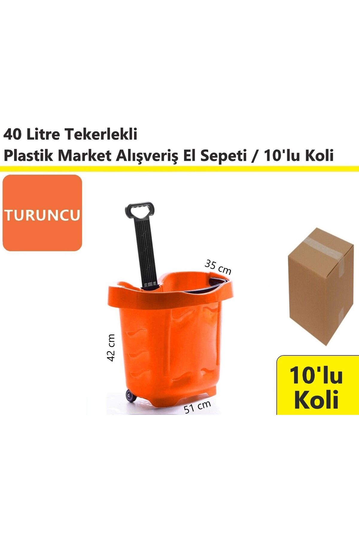 akdenizpos Tekerlekli Plastik Market Alışveriş El Sepeti 40 Litre Turuncu 10'lu Koli