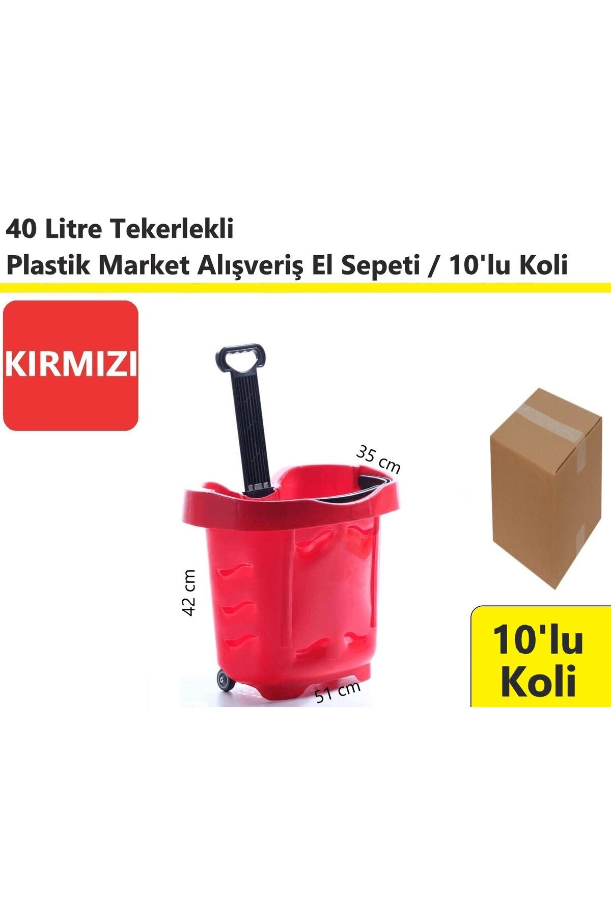 akdenizpos Tekerlekli Plastik Market Alışveriş El Sepeti 40 Litre Kırmızı 10'lu Koli