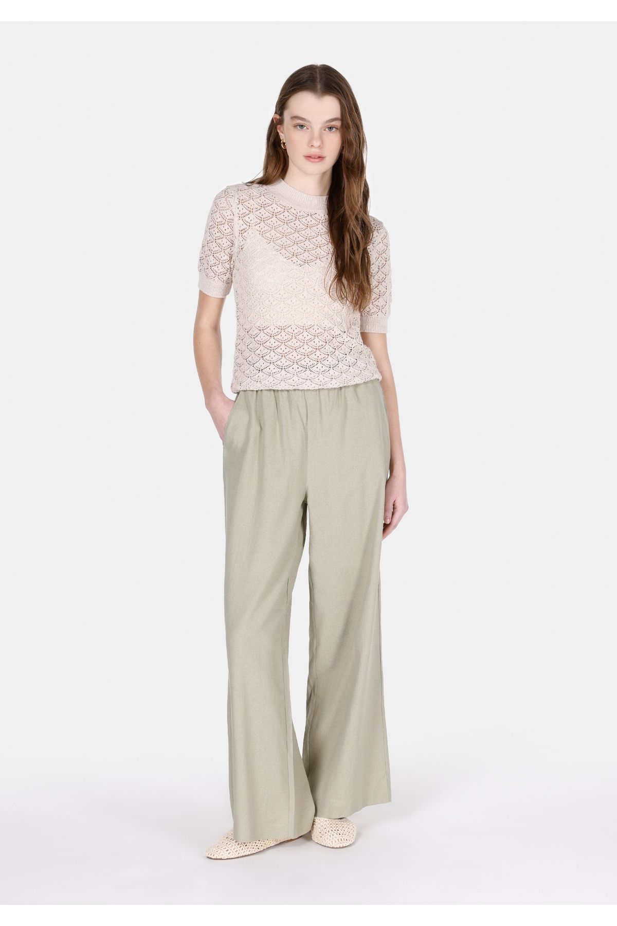 Colin's-Pantaloni verzi pentru femei, cu talie înaltă, cu picioare largi 3