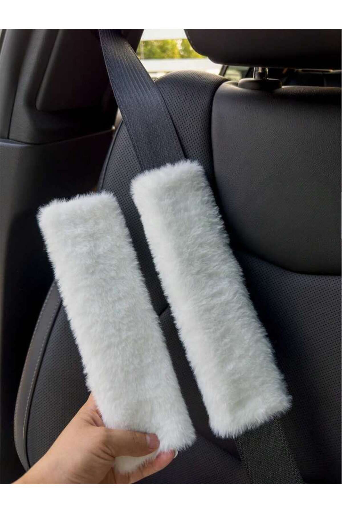 merdümek 2 adet peluş beyaz emniyet kemeri kılıfı - emniyet kemeri aksesuarı - araba aksesuarı