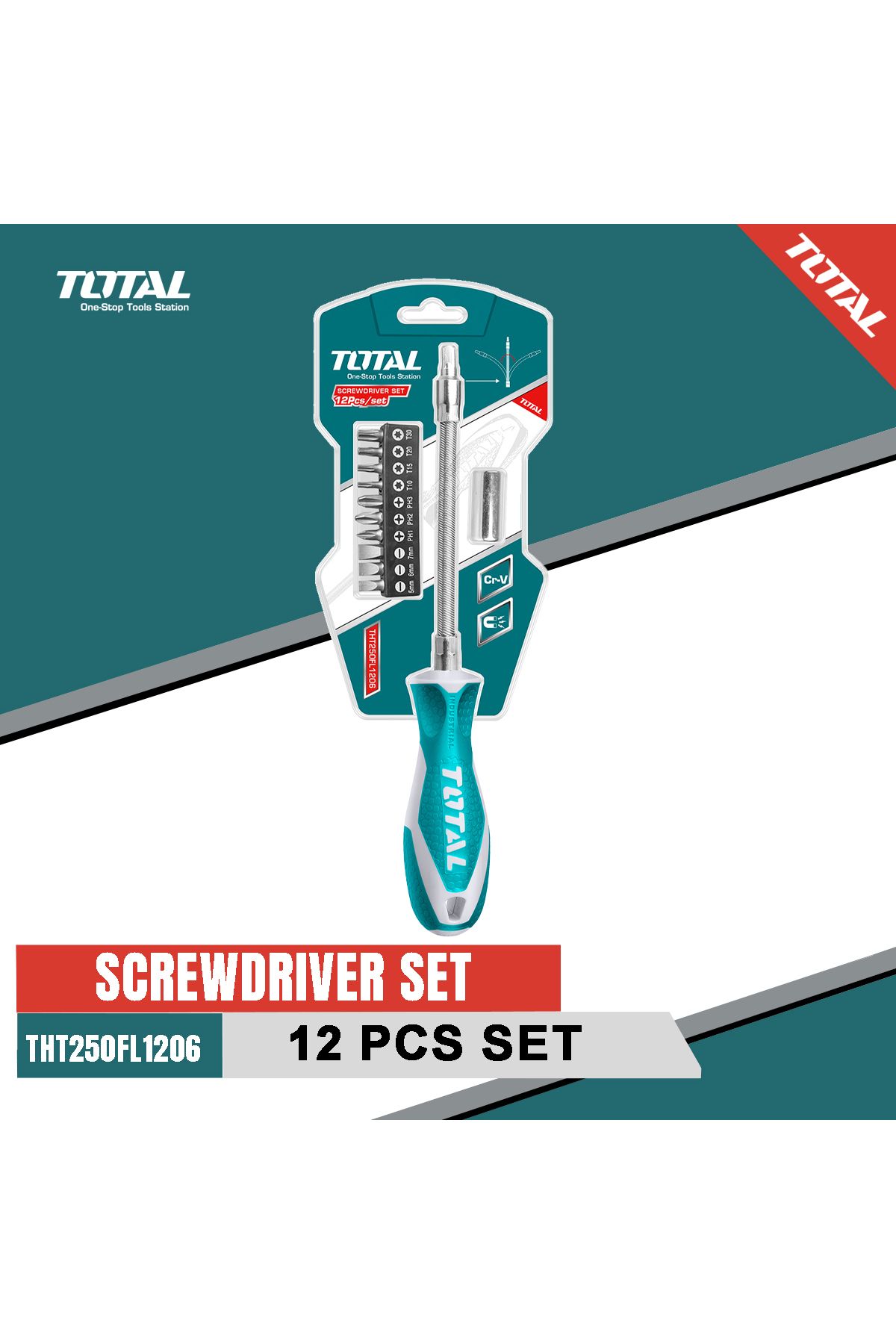 TOTAL-TOTAL 12 Pcs Screwdriver Set with Flexible Shaft Handle, Bits Adapter and 10 Screwdriver Bits 1