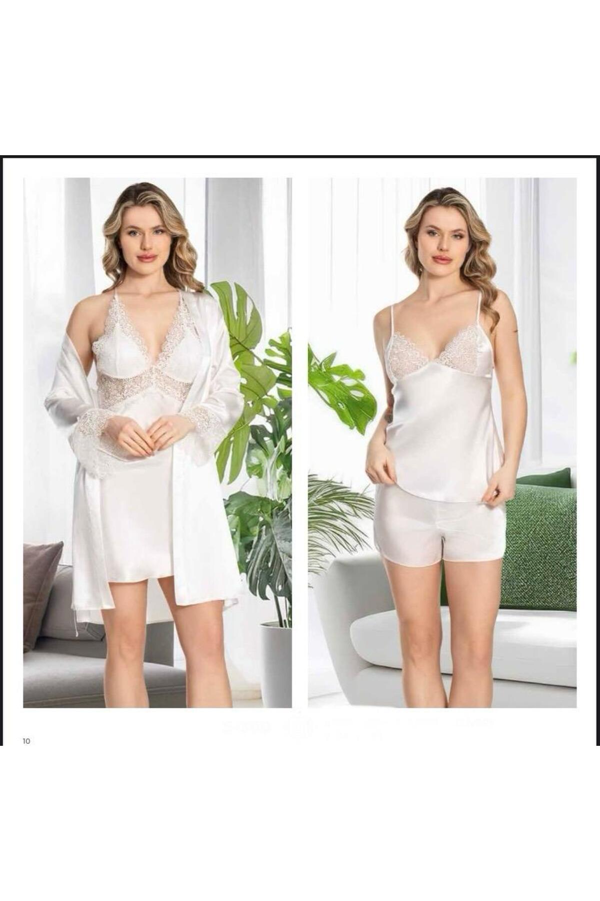 ROZELT Kadın Ekru Saten Gecelik Sabahlık Pijama Takım Şort Takım 6'lı Set J.ER.3.R.O.Z6.0.E.L.T.