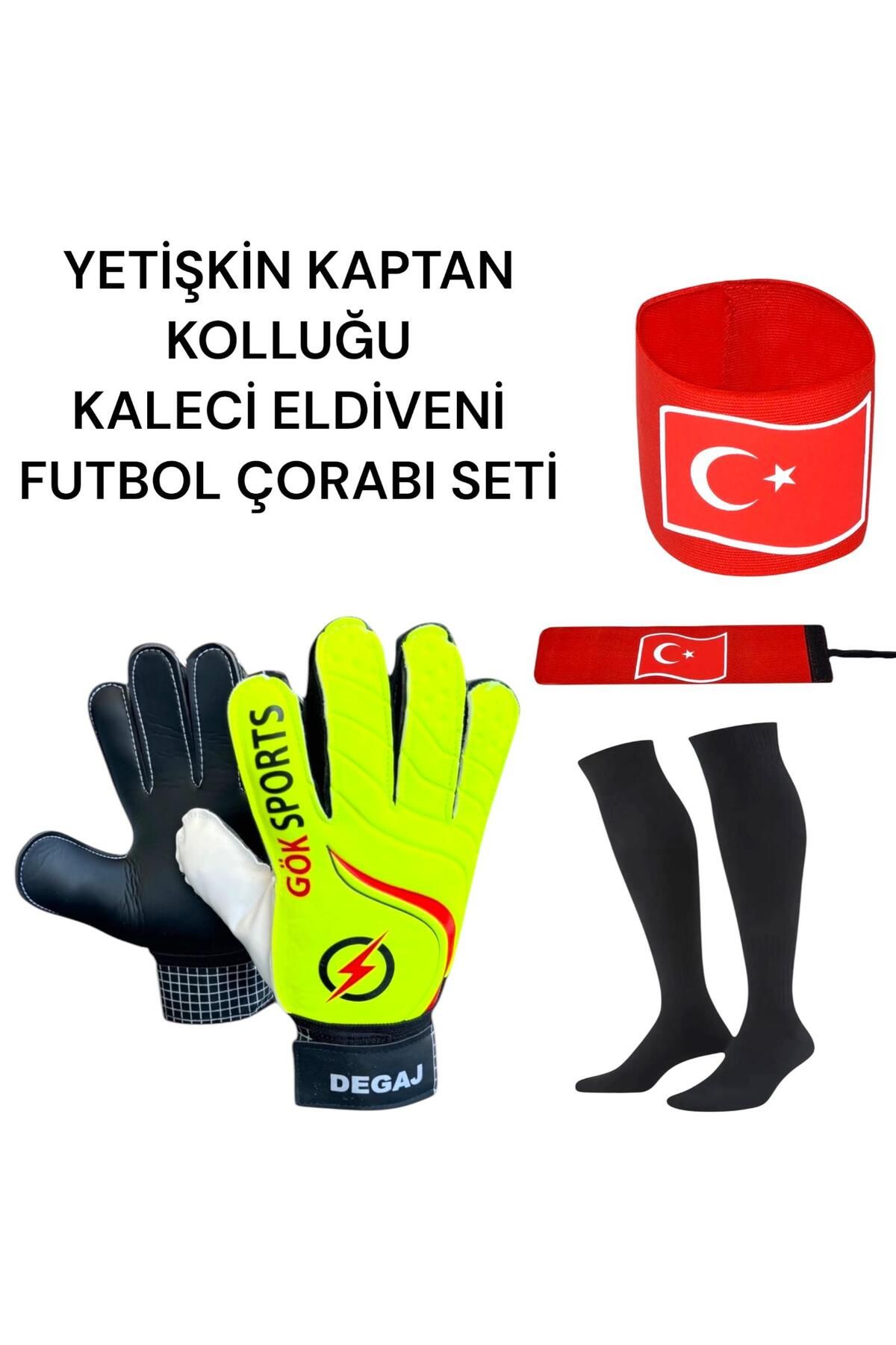 Gök Sports Yetişkin Türk Bayraklı Kaptan Kolluğu Kaleci Eldiveni Bilek Bandajlı Siyah Futbol Çorabı Seti