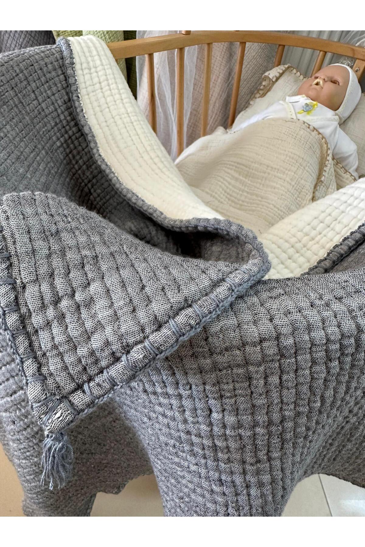 YASEMİNİNEVİ Gri Renk Müslin Bebek Yorganı Müslin Bebek Yatak Örtüsü fotoğrafı 2 (önizleme)