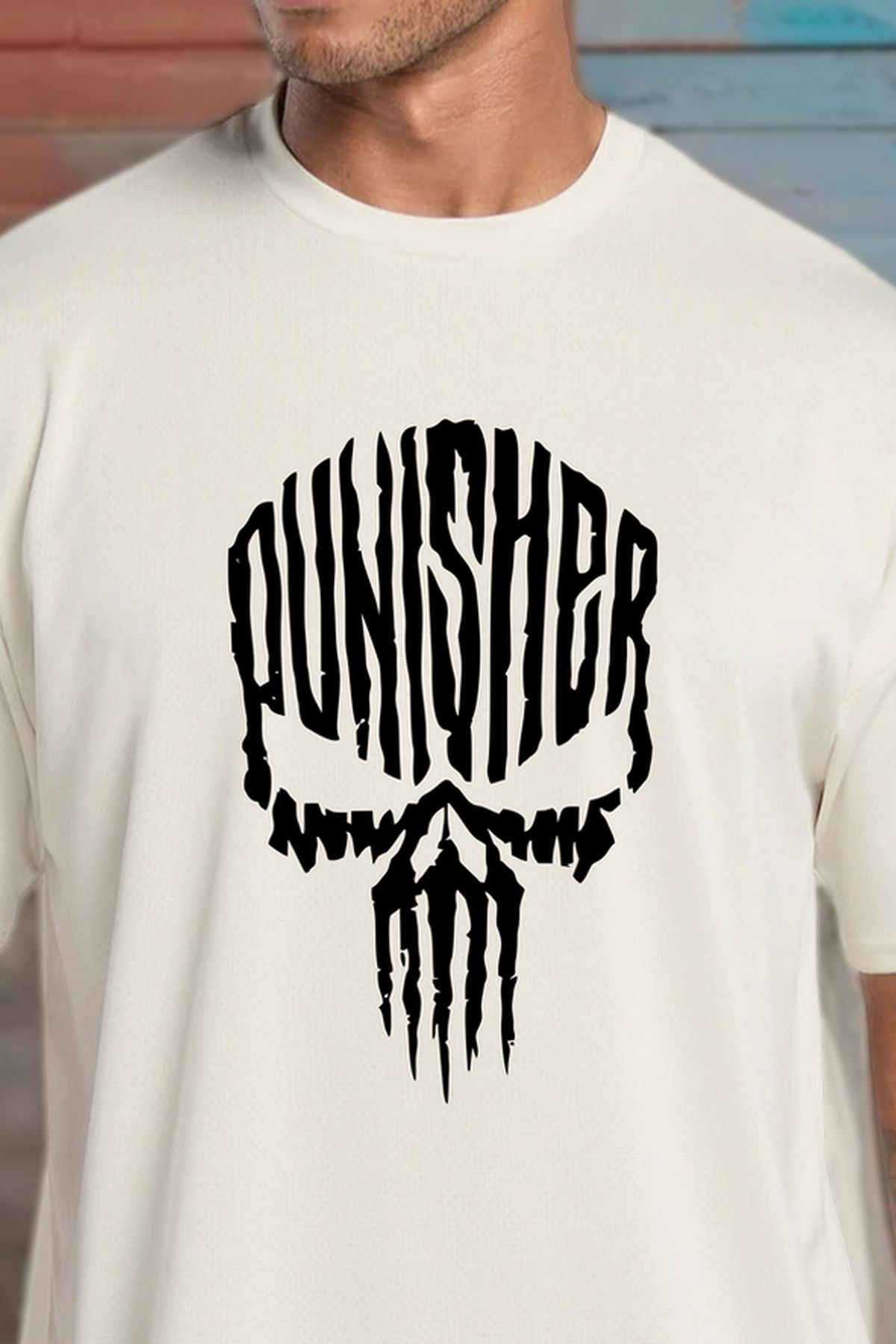 BESSA-Tricou pentru bărbați, cu imprimeu Punisher, bej, supradimensionat, din bumbac, cu decolteu 2
