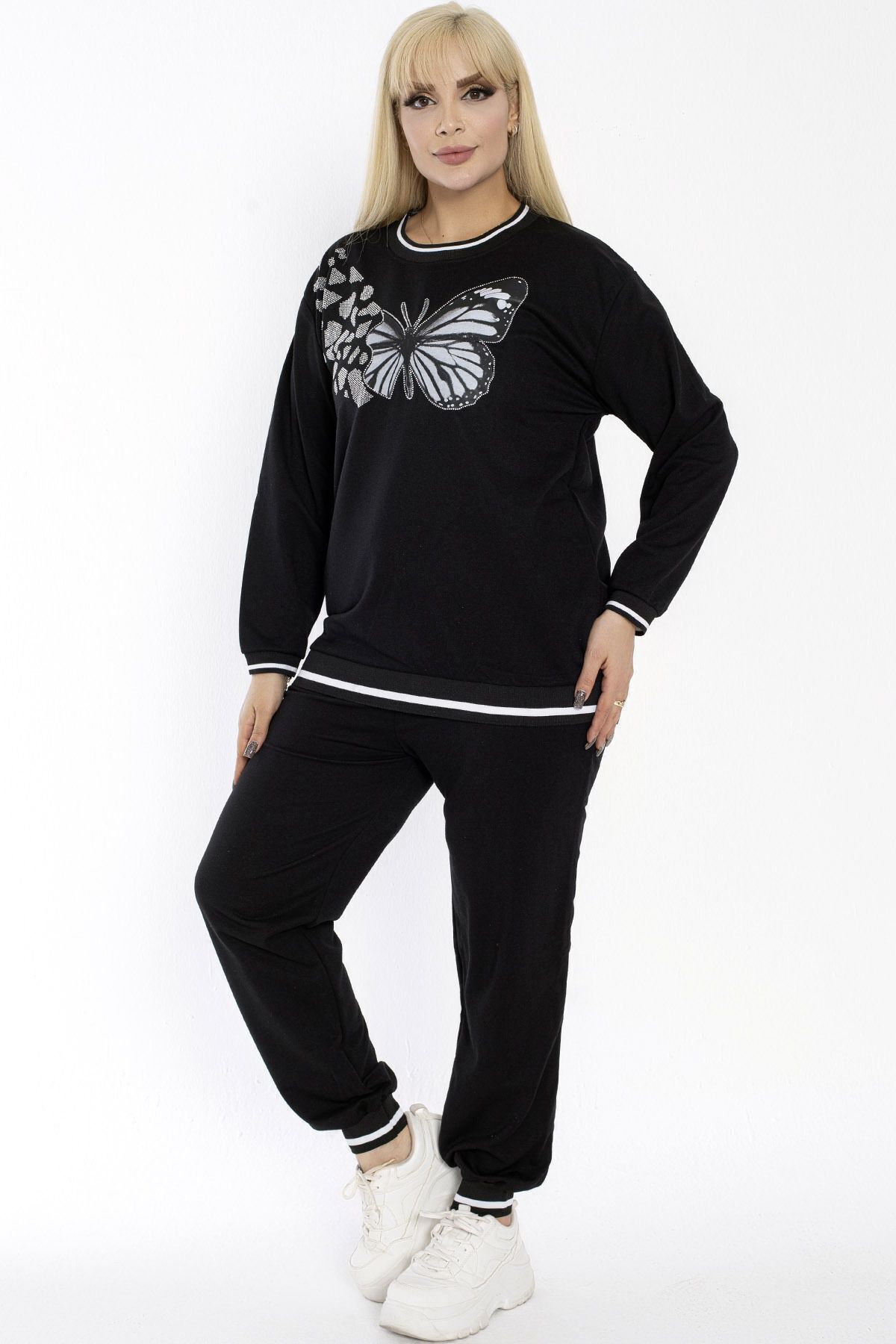 Kheos-Set de trening confortabil, cu imprimeu cu pietre de fluture, decolteu rotund, cu mânecă lungă, cu șireturi în talie, cu buzunare elastice 3
