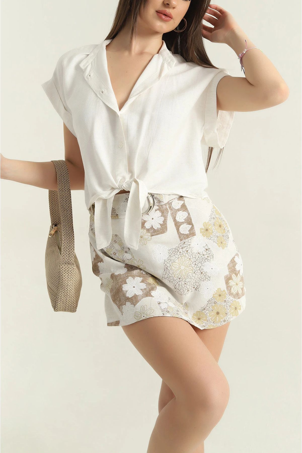 vuvutasarım-New Season Stone Front Tie Linen Women's Shirt 1