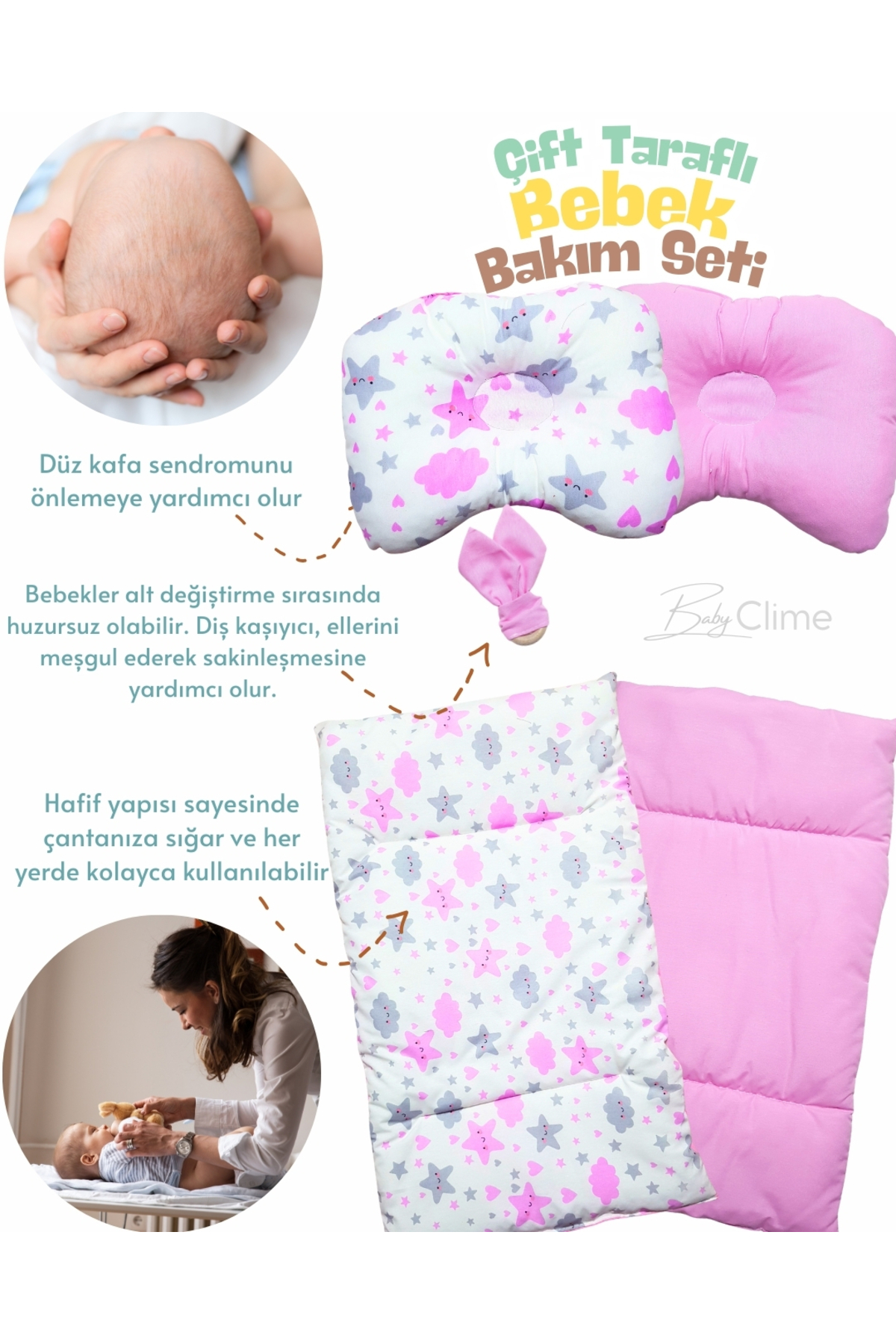 Baby Clime Çift Taraflı Bebek Bakım Seti - Alt Açma Minderi, Baş Düzeltme Yastığı ve Ahşap Diş Kaşıyıcı fotoğrafı 2 (önizleme)