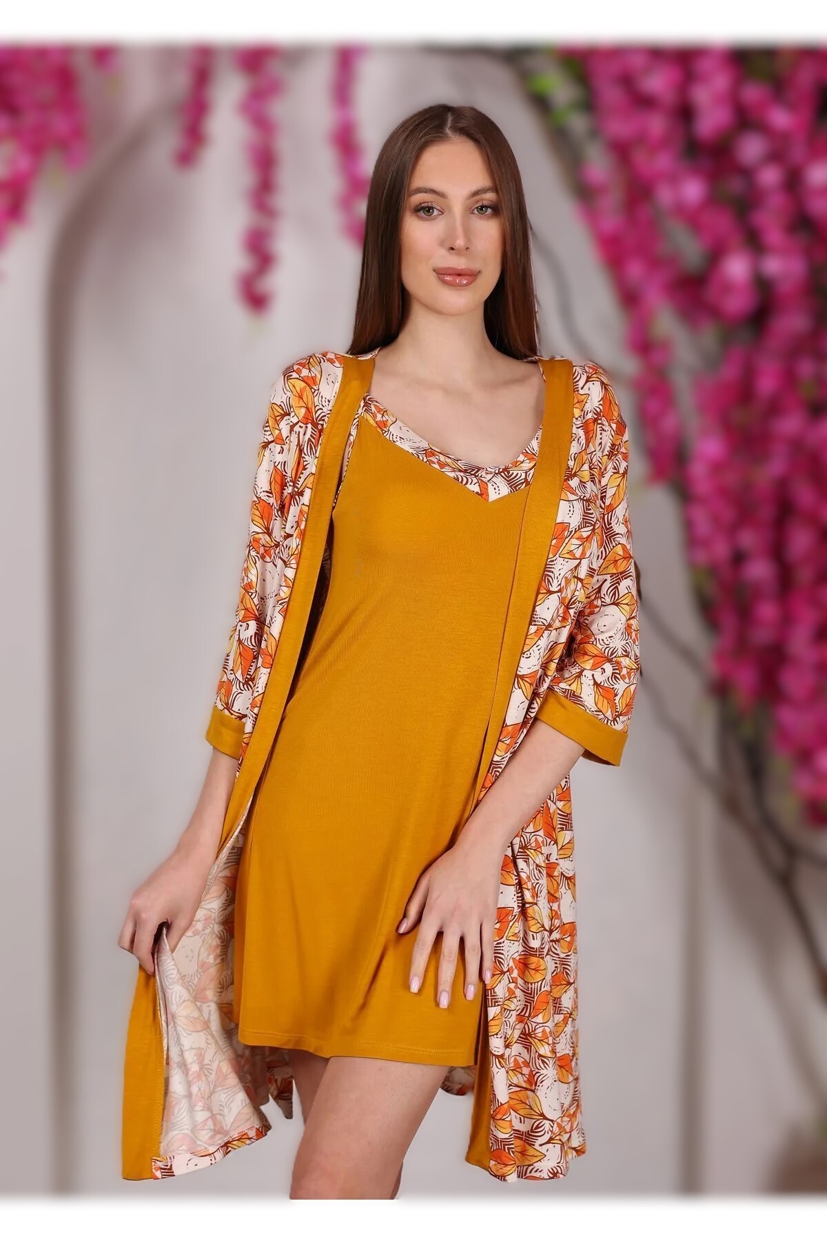 MANSHET Kadın Kısa Sabahlıklı Gecelık 2'li Takımı Pamuklu Özel Tasarım