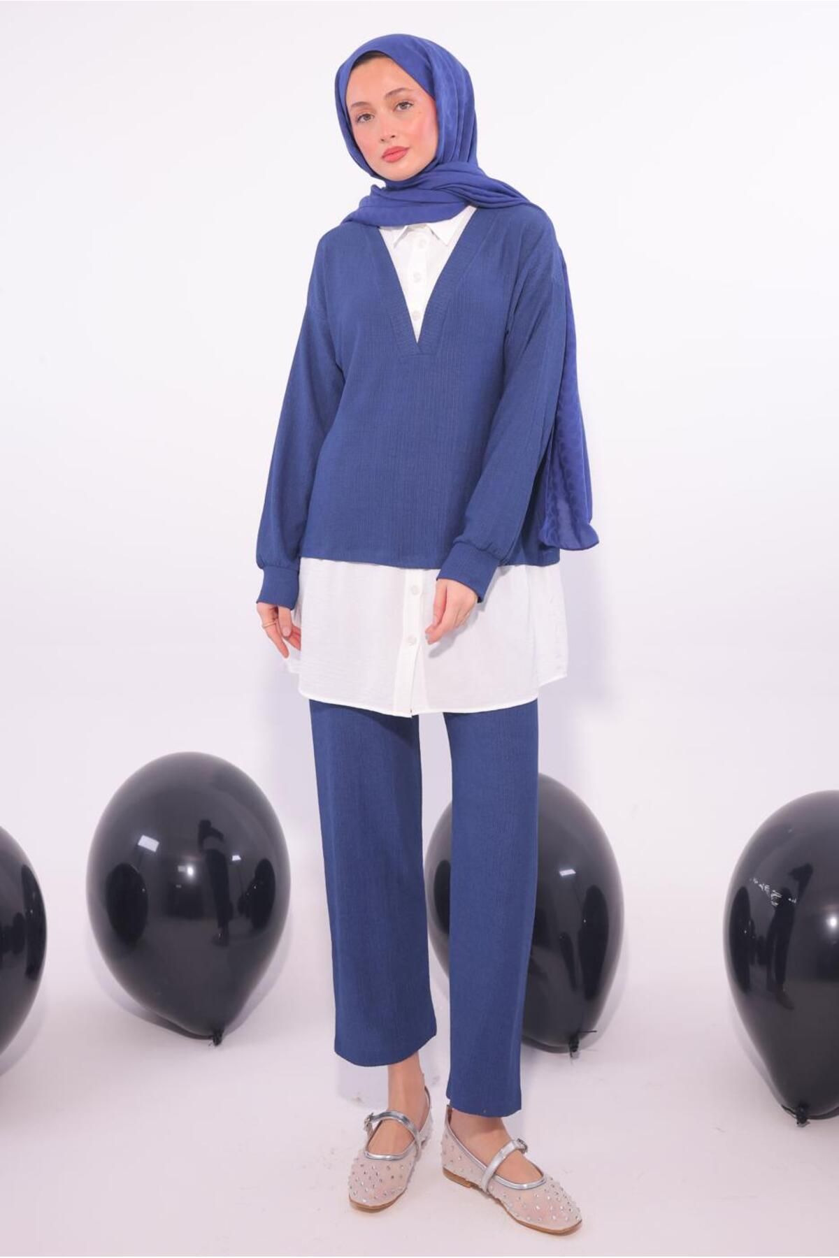 TRENDTESETTÜR-Women's Blue Shirt with Garnished Pants Suit t 6174 2