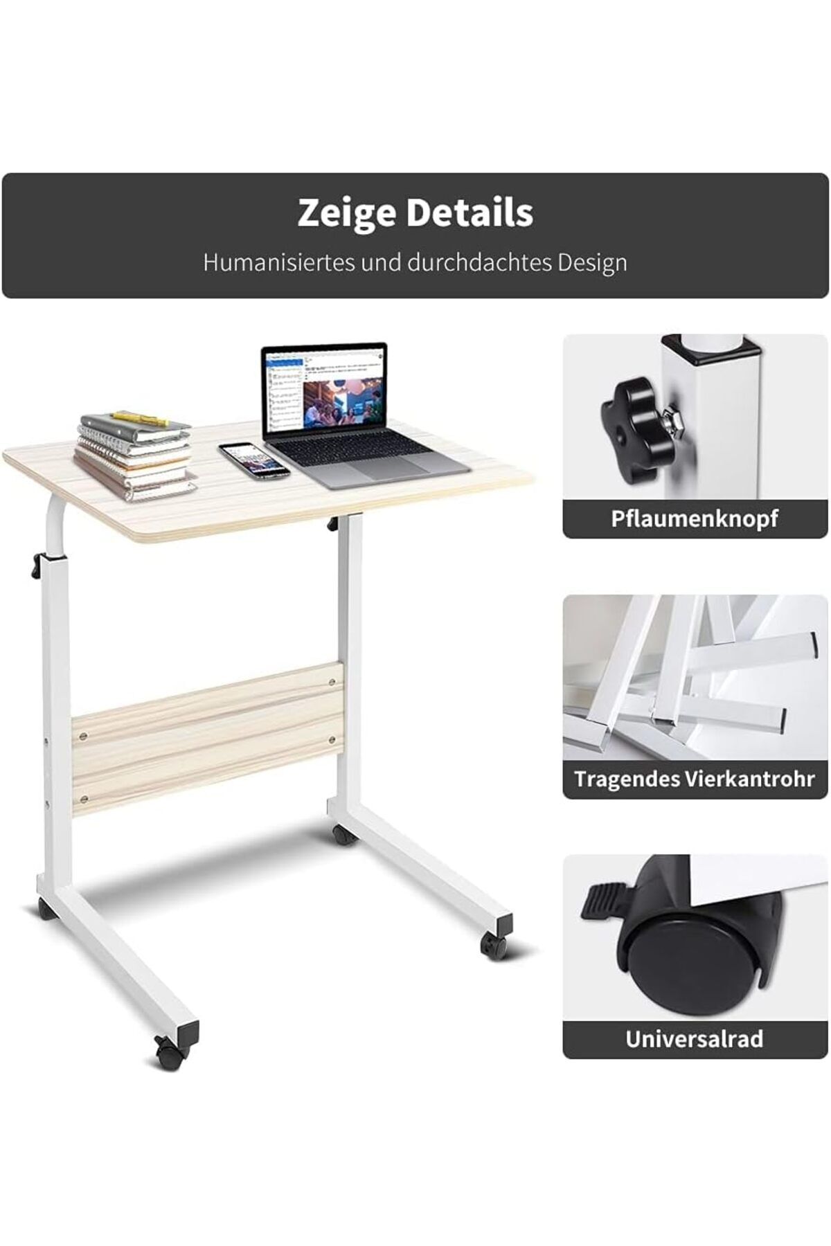 COOYA-Laptop Table Desk,Removable Adjustable with wheels,Durable Solid,Use for Bed Sofa ,White Maple 7