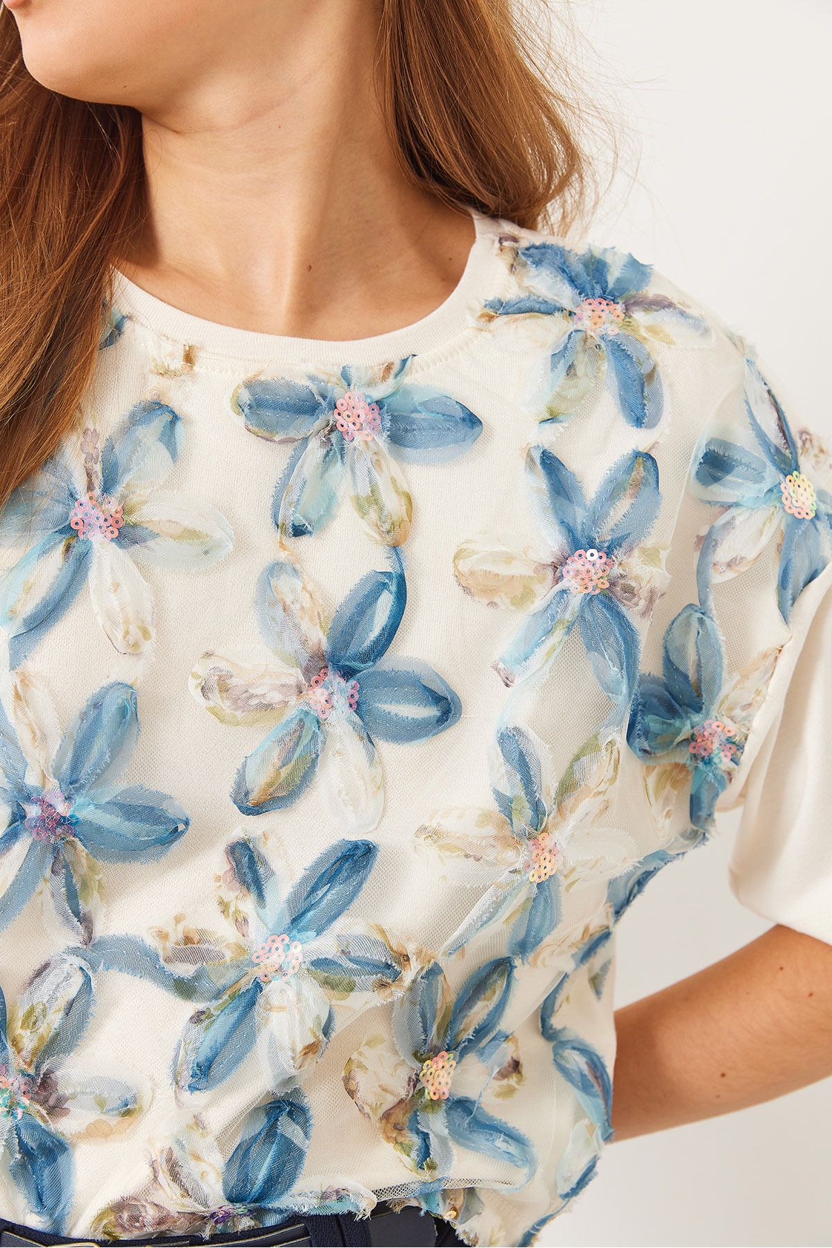Bianco Lucci-Tricou cu mânecă scurtă din tul cu decolteu pentru femei 60284022 5