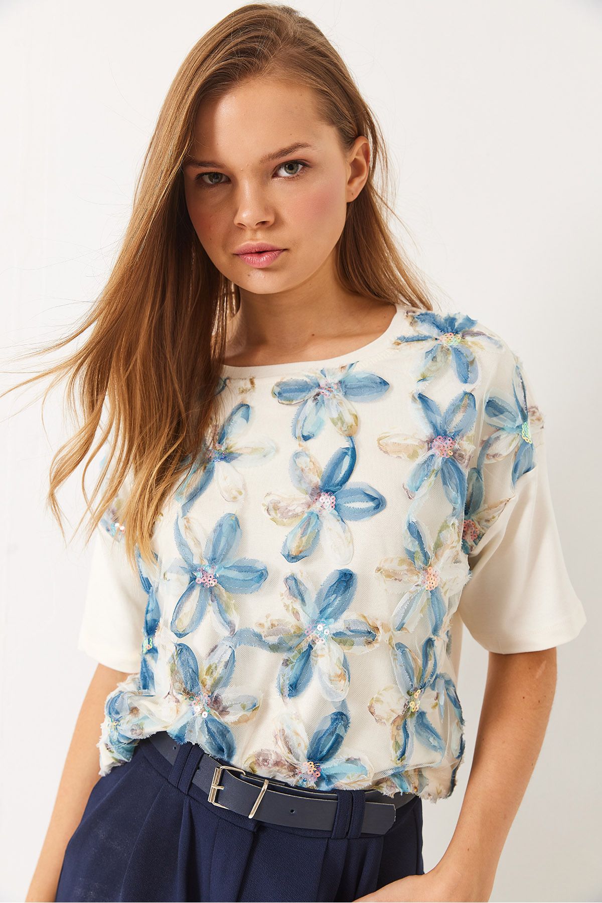 Bianco Lucci-Tricou cu mânecă scurtă din tul cu decolteu pentru femei 60284022 2