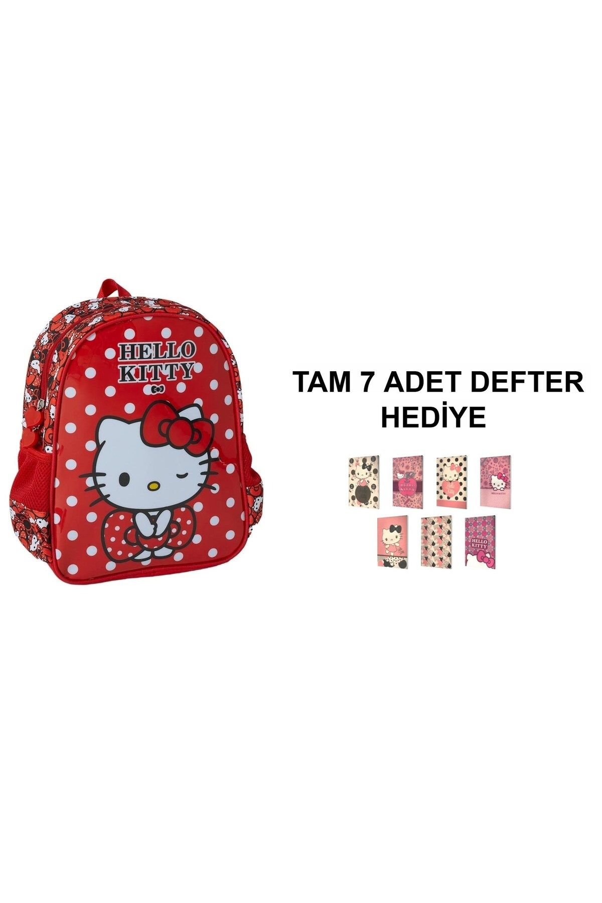 Hello Kitty Kırmızı Anaokulu Kız Çocuk Sırt Çantası (7 adet DEFTER HEDİYE)