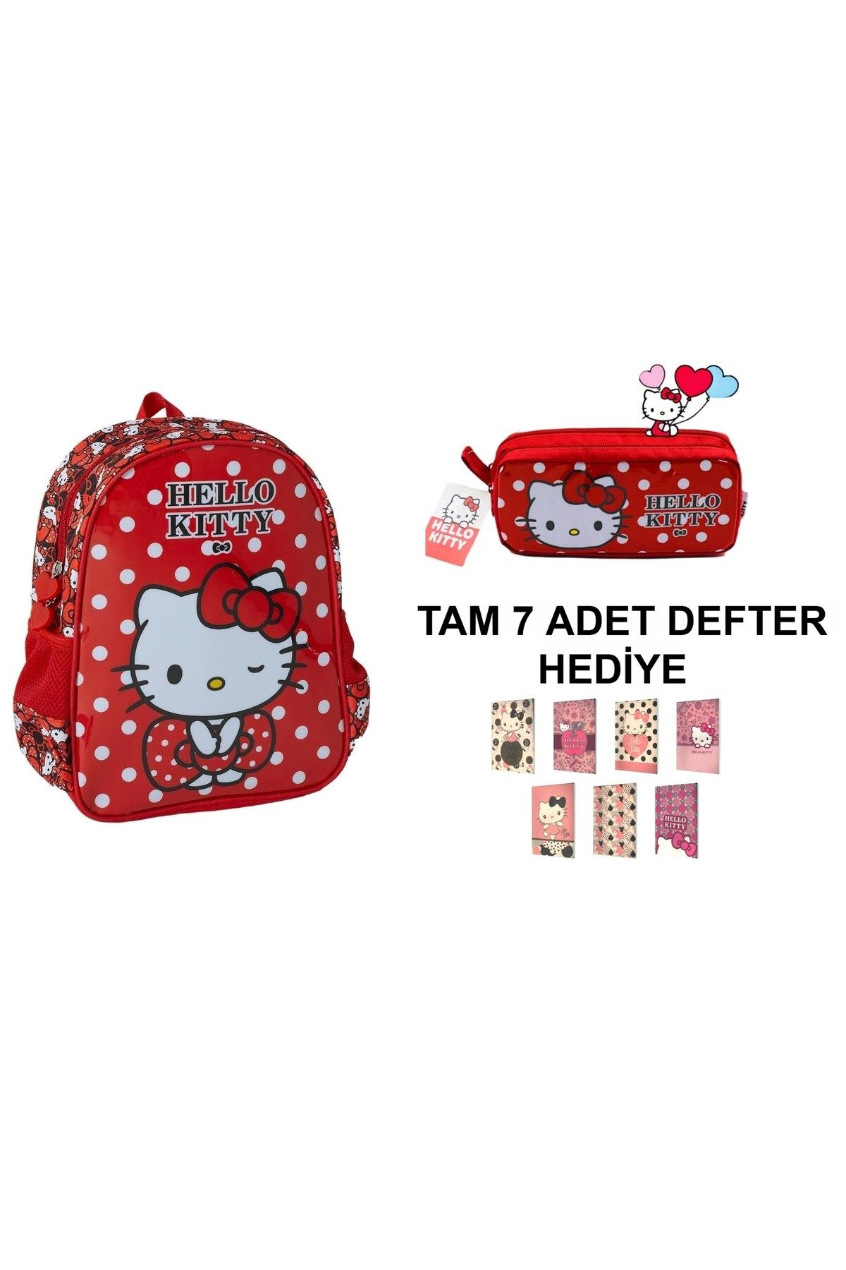 Hello Kitty Kırmızı Anaokulu Kız Çocuk Sırt Çantası ve Kalem Kutusu (7 adet defter hediye)