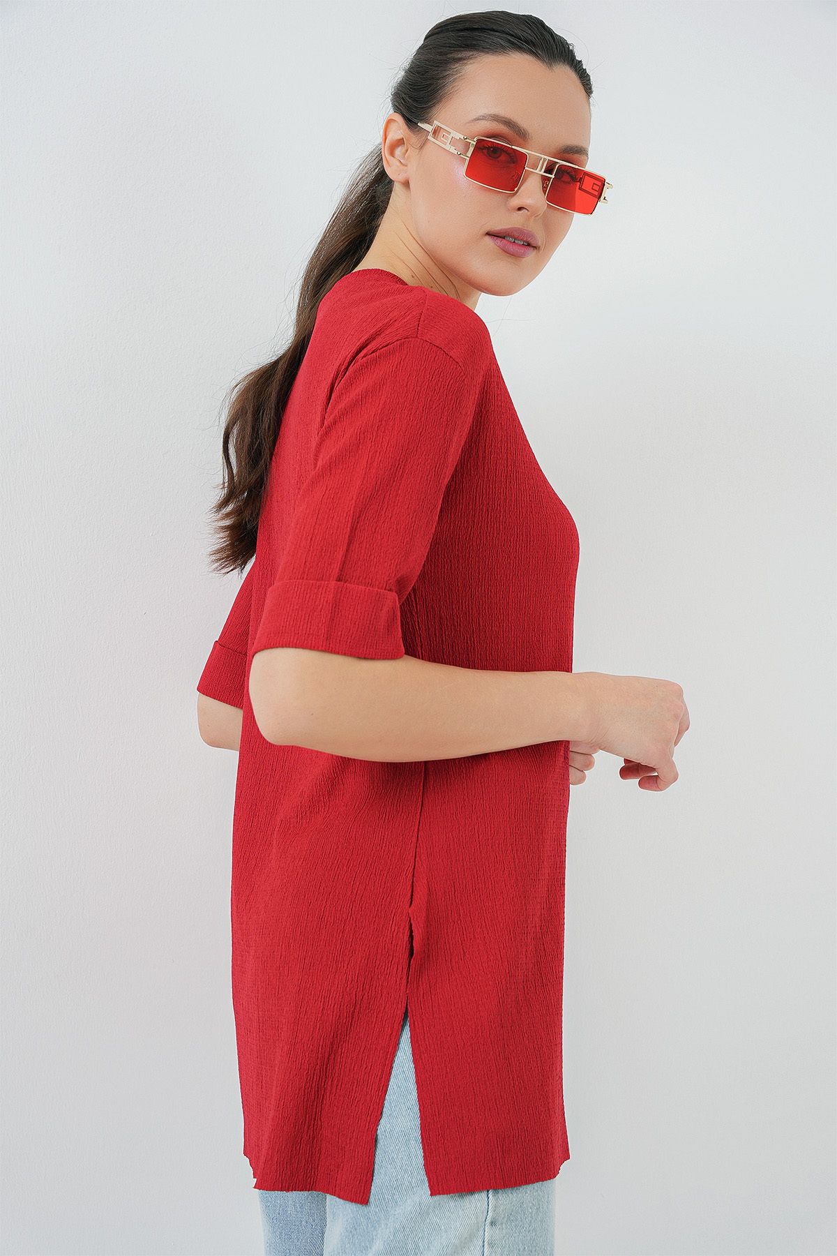 Bigdart-4332 Knitted T-Shirt with Side Slits - Red 4