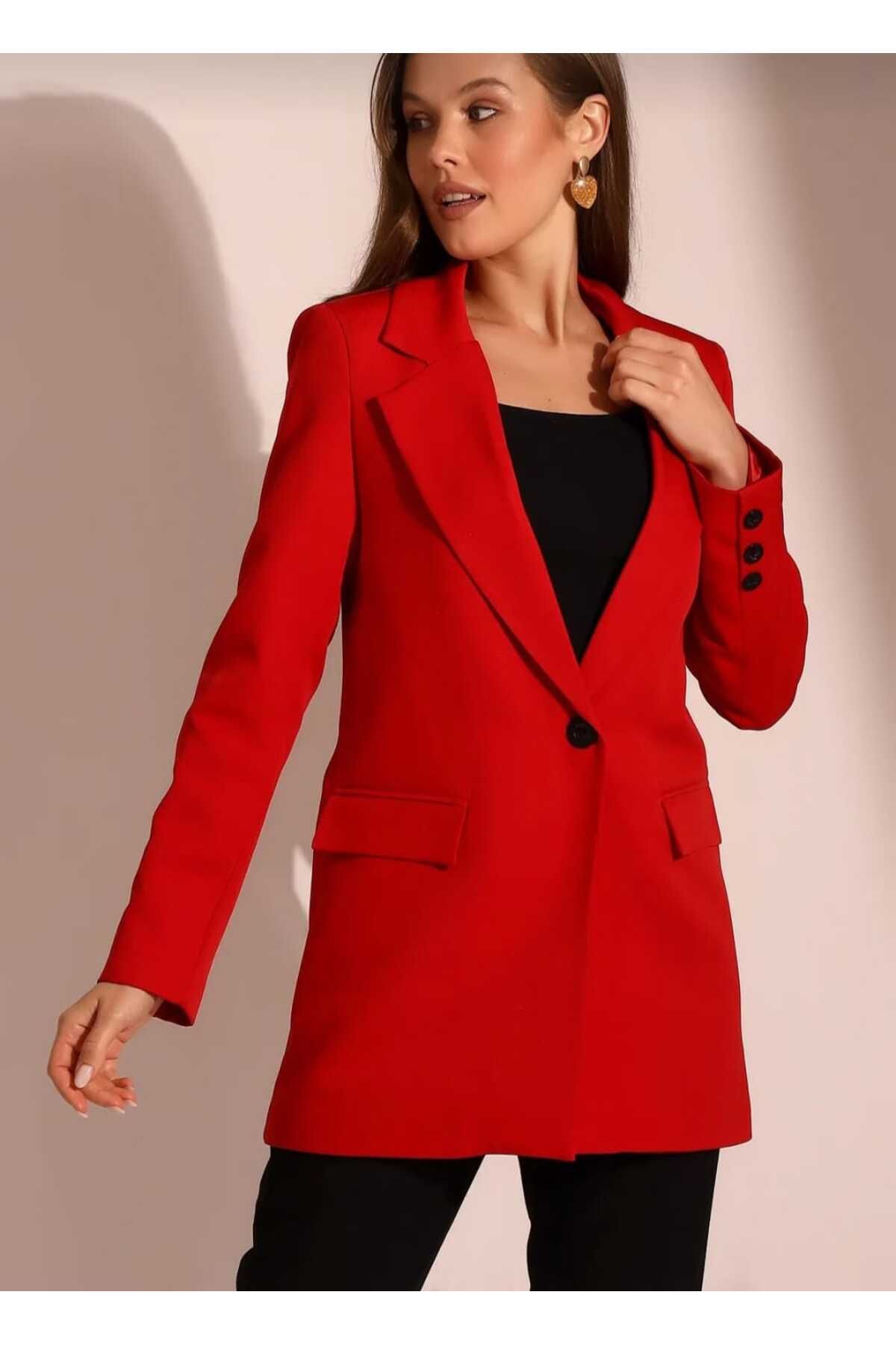 Nokta Moda-Red Single Button Blazer Model Jacket 3