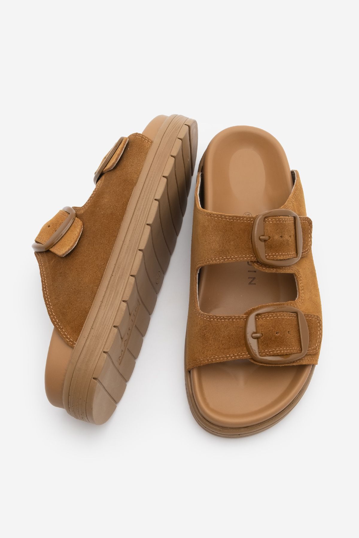 Marjin-Women's Genuine Leather Buckle Thick Sole Daily Slippers Rontes Tan Suede 7