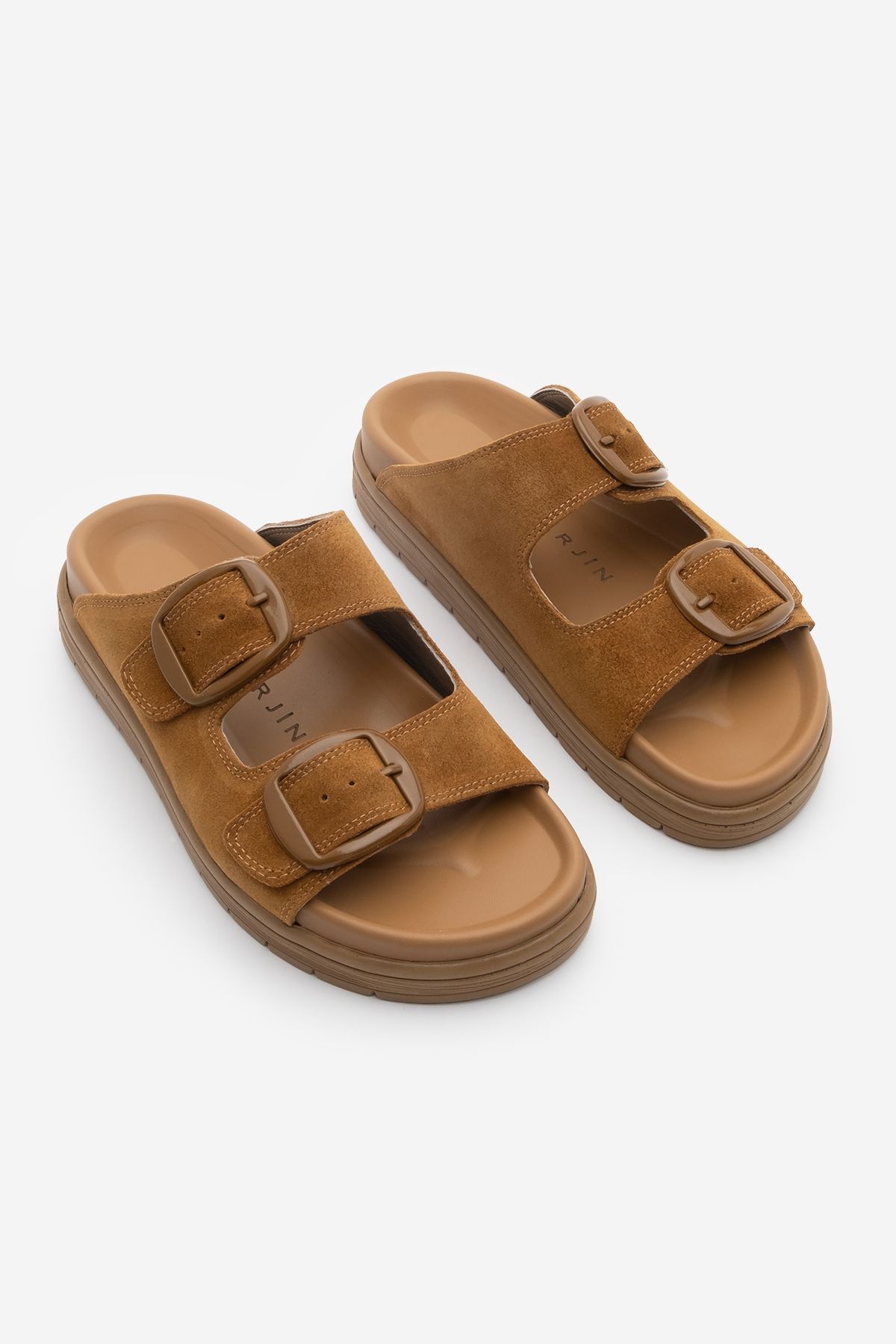 Marjin-Women's Genuine Leather Buckle Thick Sole Daily Slippers Rontes Tan Suede 5
