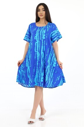 Schik Kadın Viskon Yarım Kol Kare Yaka Elbise Mavi