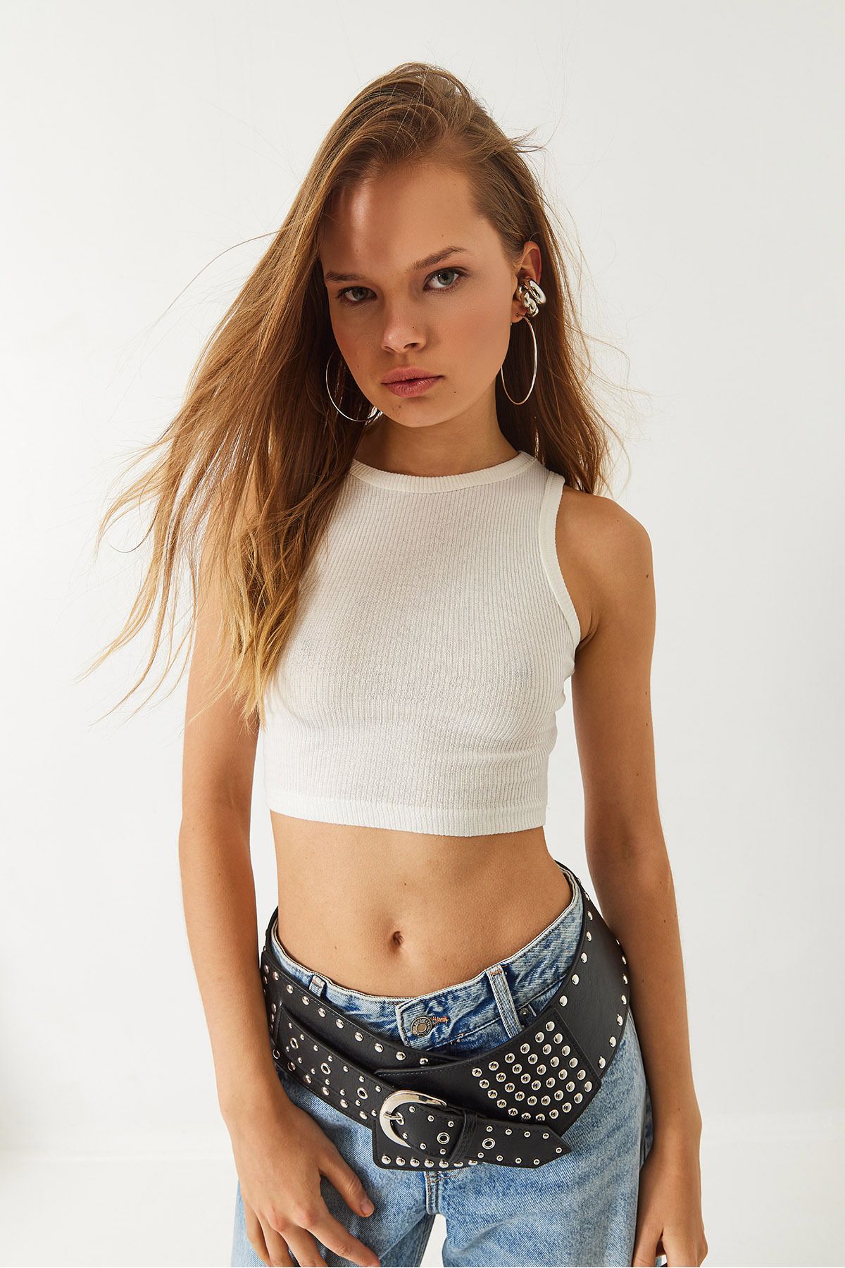 Bianco Lucci-Women's Halter Neck Ribbed Camisole Cotton Crop Blouse 60261566 3